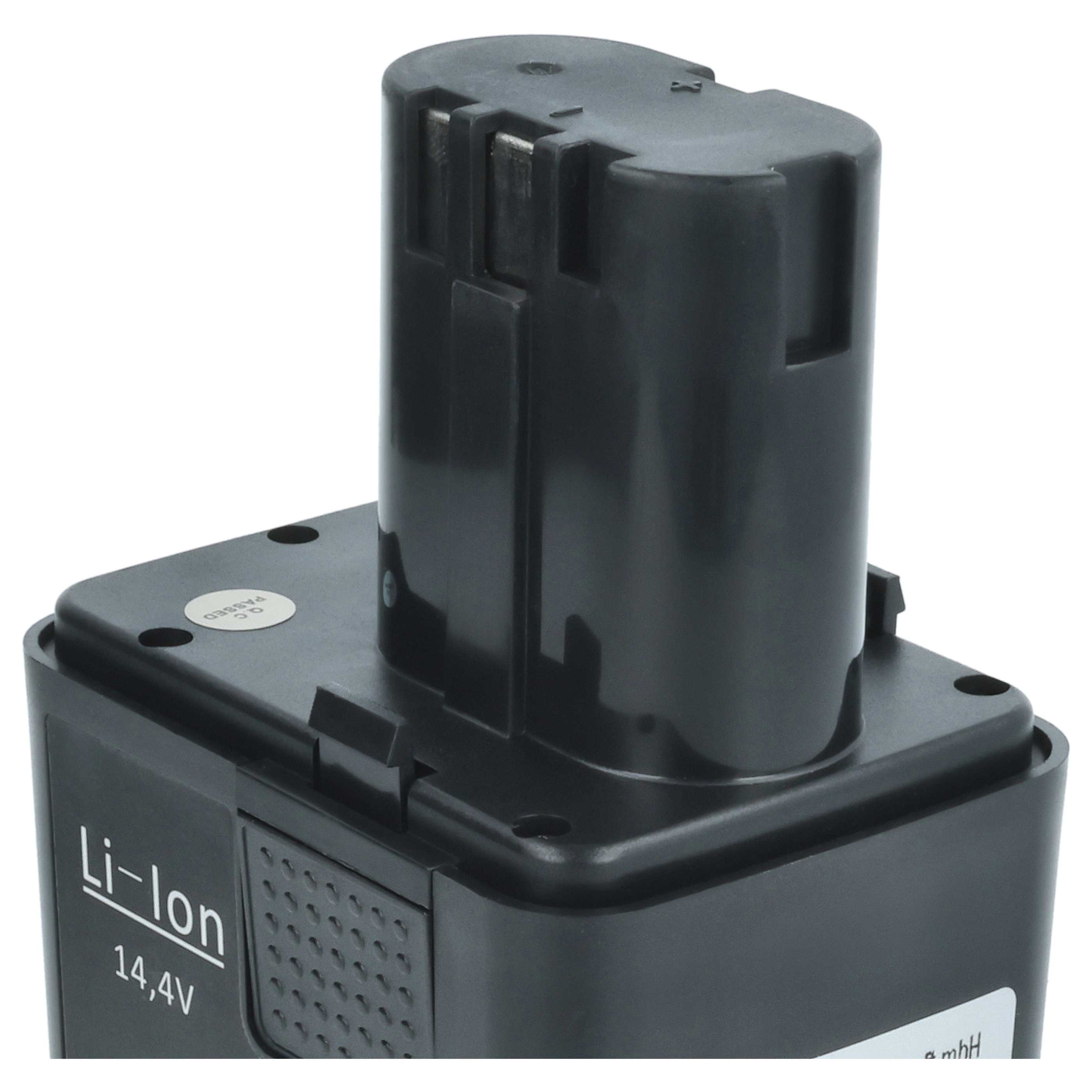 Schwarzer Li-Ion 14,4V Akku. Er hat eine rechteckige Basis mit zylindrischer Oberseite und einem 'QC PASSED' Aufkleber.