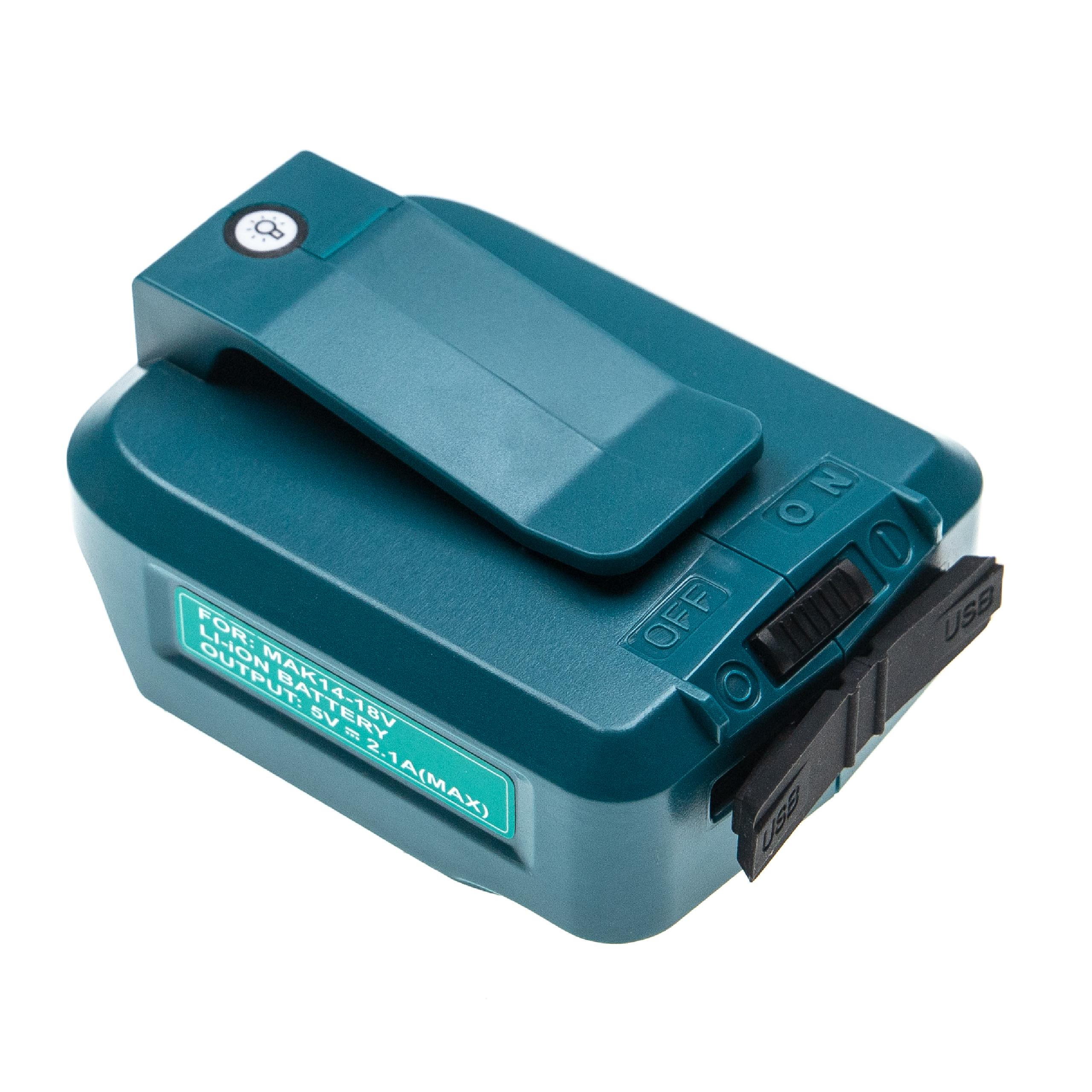 Ein tealfarbener Makita-Akku. Er hat einen Ein-/Ausschalter, zwei USB-Anschlüsse und ein Etikett mit Spezifikationen.