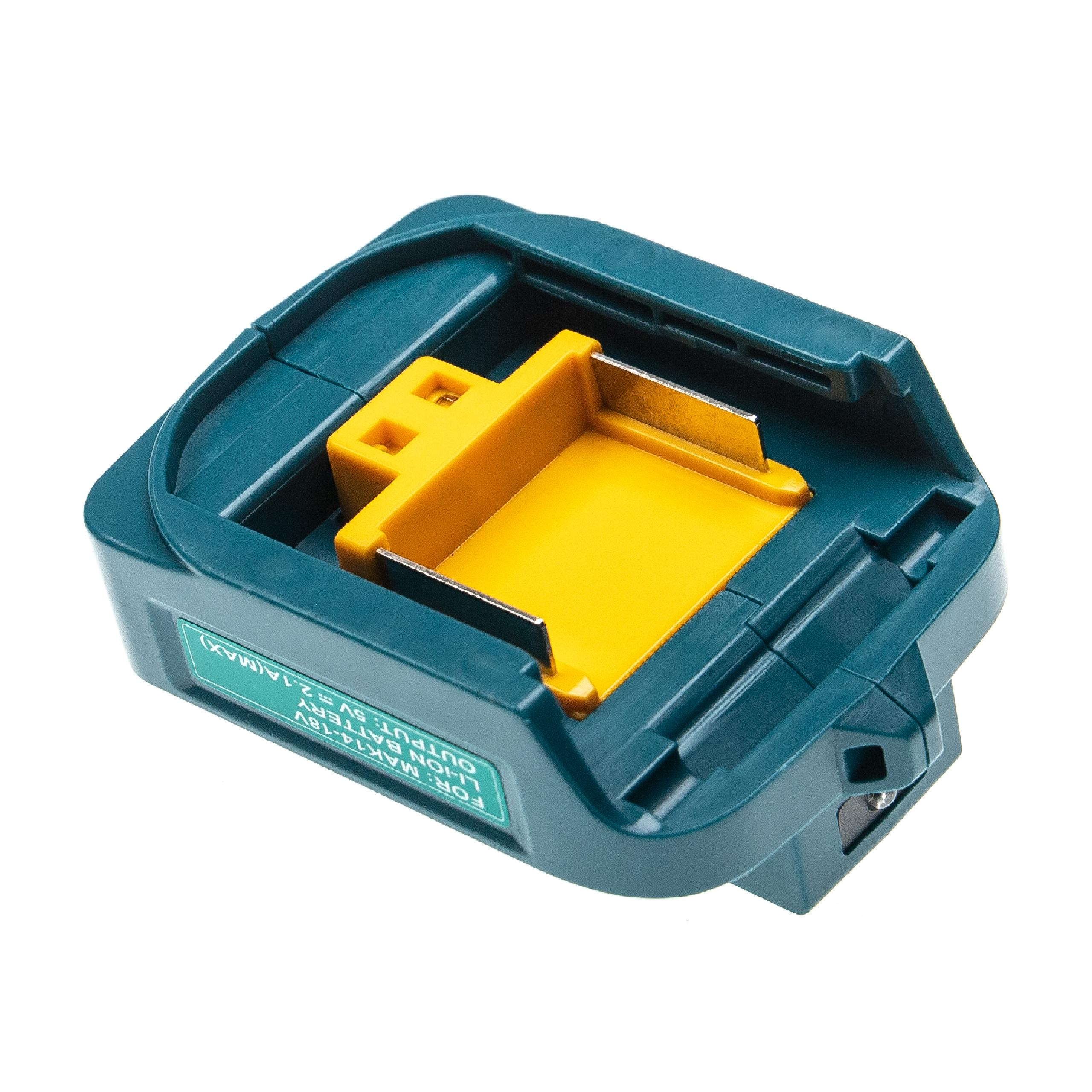 Ein teal- und gelber Batterieadapter. Der Adapter befindet sich auf weißem Hintergrund. Der Text lautet: FOR: MAK14-18V LI-ION BATTERY OUTPUT: 5V 2.1A(MAX).