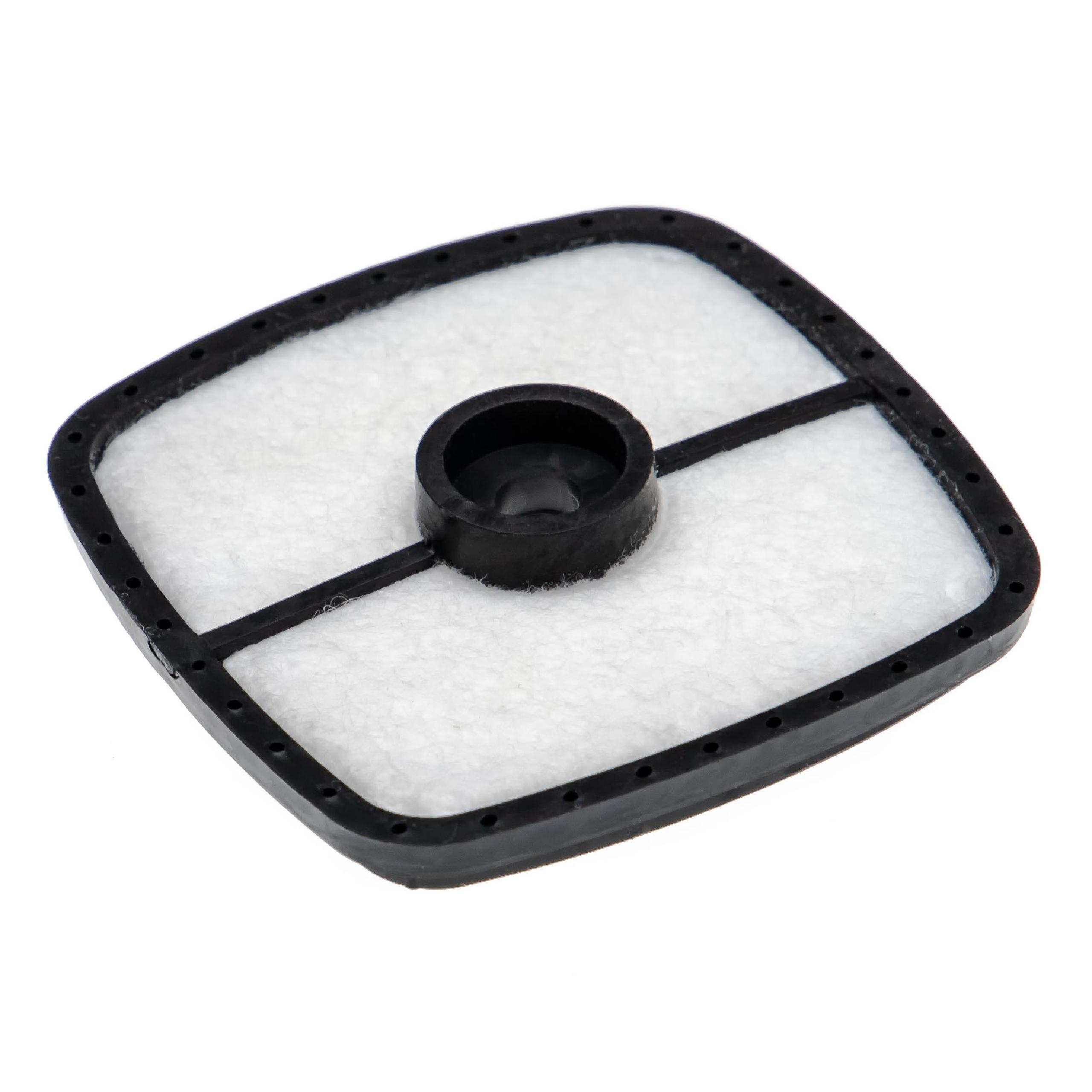 Ein quadratischer Luftfilter mit schwarzem Rahmen und einem zentralen schwarzen Zylinder. Das Filtermaterial ist weiß.
