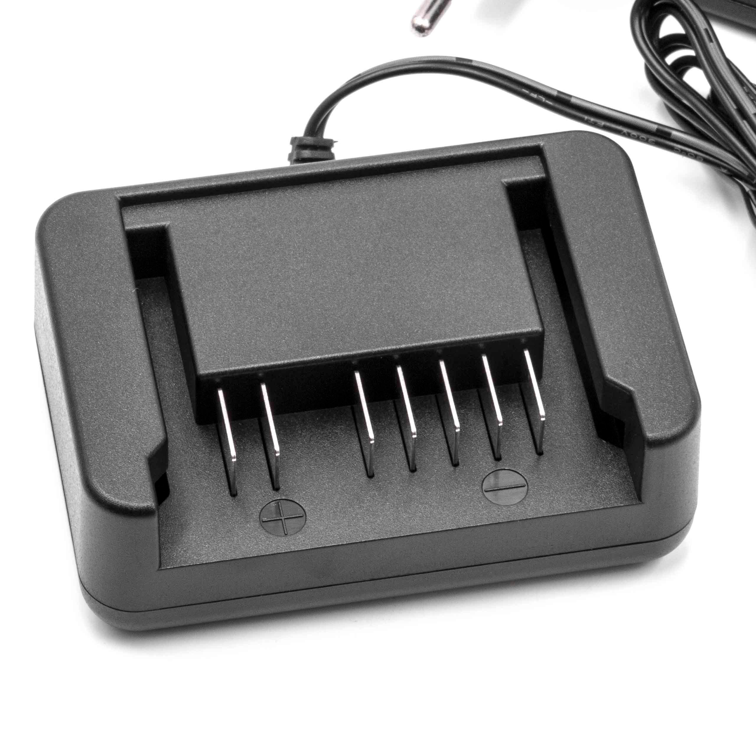 Ein schwarzes Batterieladegerät mit Metallkontakten liegt auf einer weißen Oberfläche. Ein schwarzes Kabel geht vom Ladegerät aus.