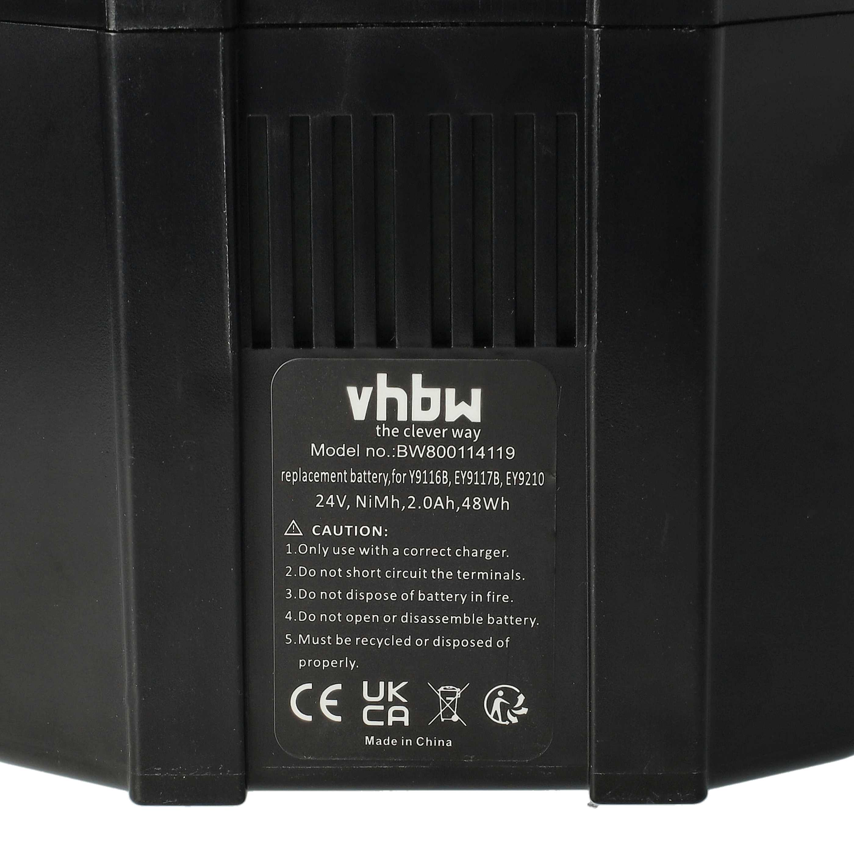Schwarzer Akku mit weißem Text. Enthält Sicherheitshinweise und Recyclingsymbole. Hergestellt in China.