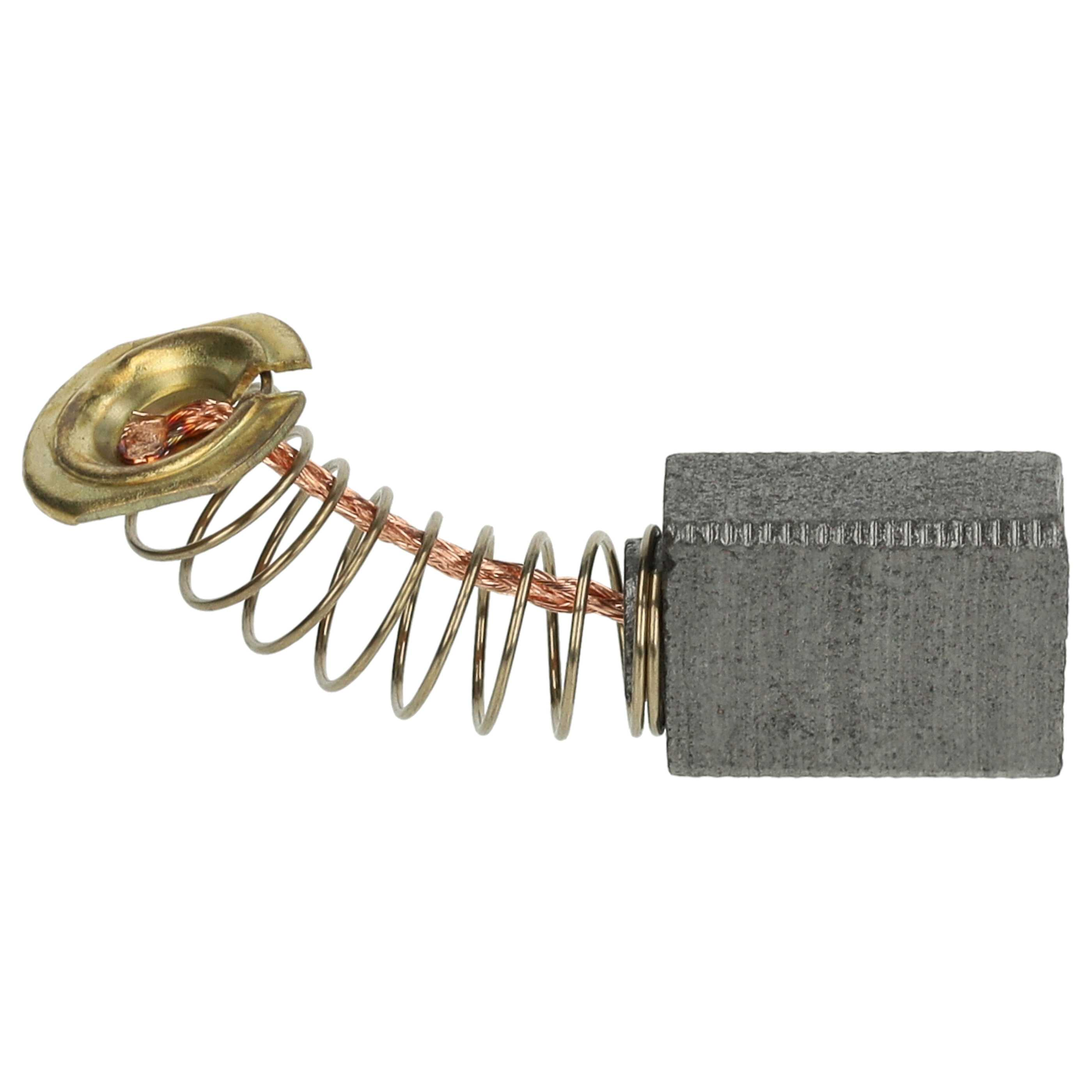 Ein Kohlebürste für einen Elektromotor. Sie hat einen rechteckigen Kohleblock, eine Kupferspule und einen Messingfederhalter.