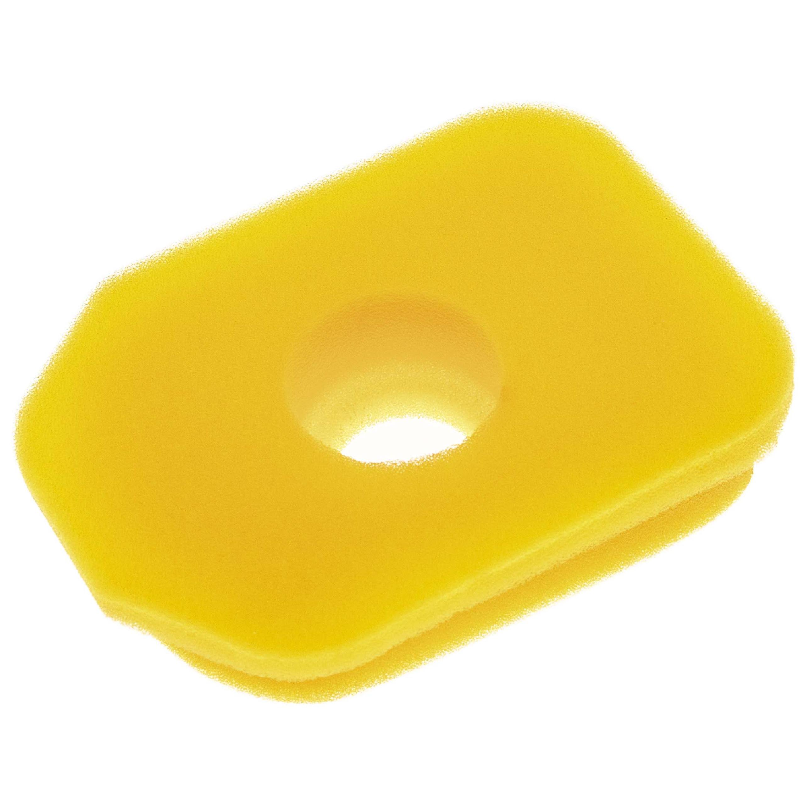 Ein gelber Luftfilter mit einem zentralen Loch, vor weißem Hintergrund.