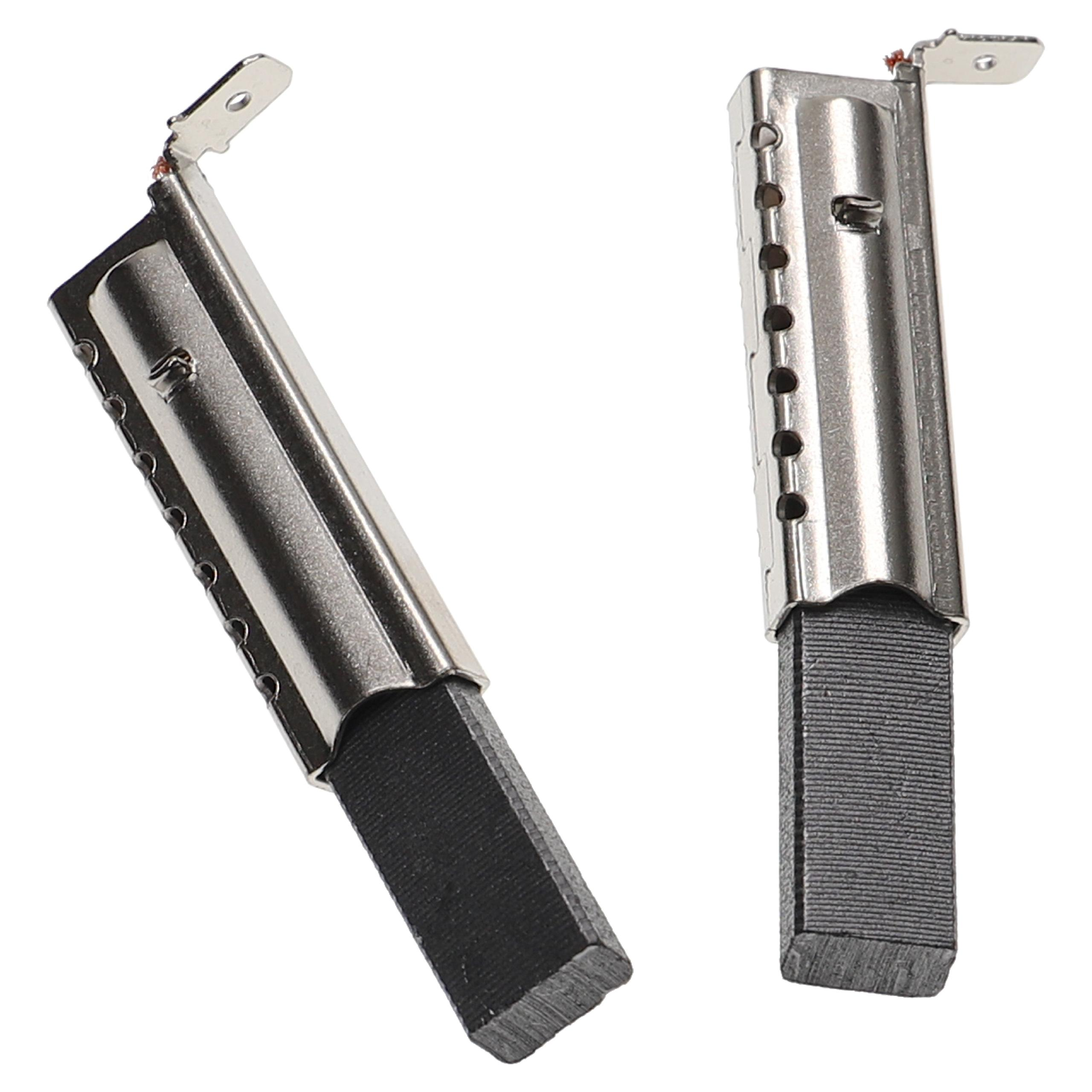 Zwei metallische Bürstenhalter mit schwarzen Kohleblöcken. Beide haben eine silberne Metallhalterung mit Befestigungslöchern.
