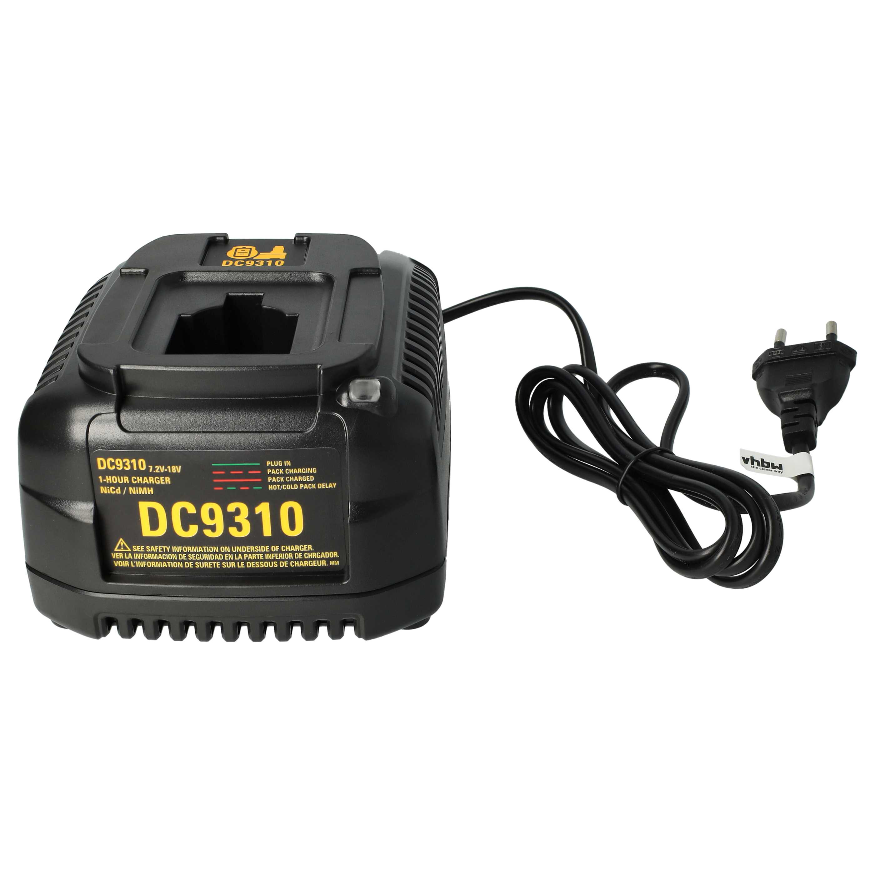 Ein schwarzes DC9310-Batterieladegerät mit Netzkabel und Stecker. Das Ladegerät hat Kontrollleuchten und Text.