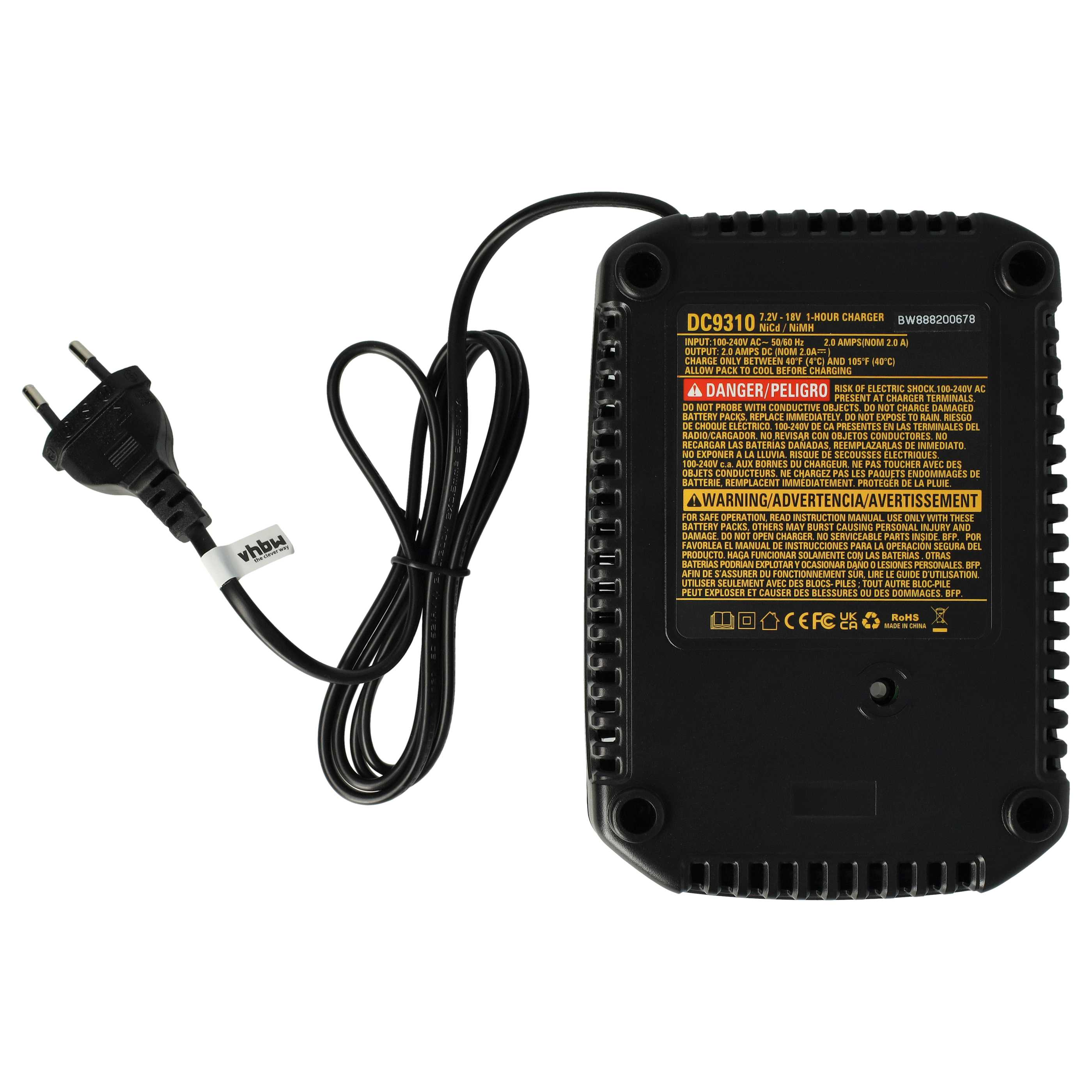 Ein schwarzes Werkzeugladegerät mit schwarzem Kabel und Stecker. Details der Ladegerätespezifikationen sind sichtbar.