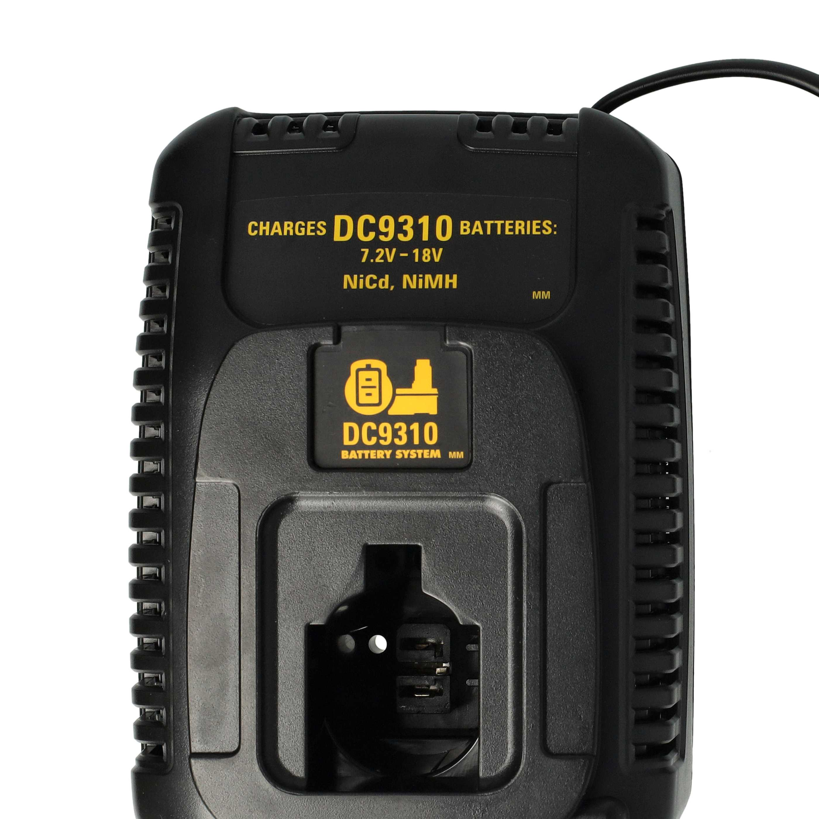 Schwarzes Batterieladegerät mit gelbem Text: DC9310. Es lädt 7,2 V-18 V NiCd-, NiMH-Akkus. Es hat einen Ladeschacht.