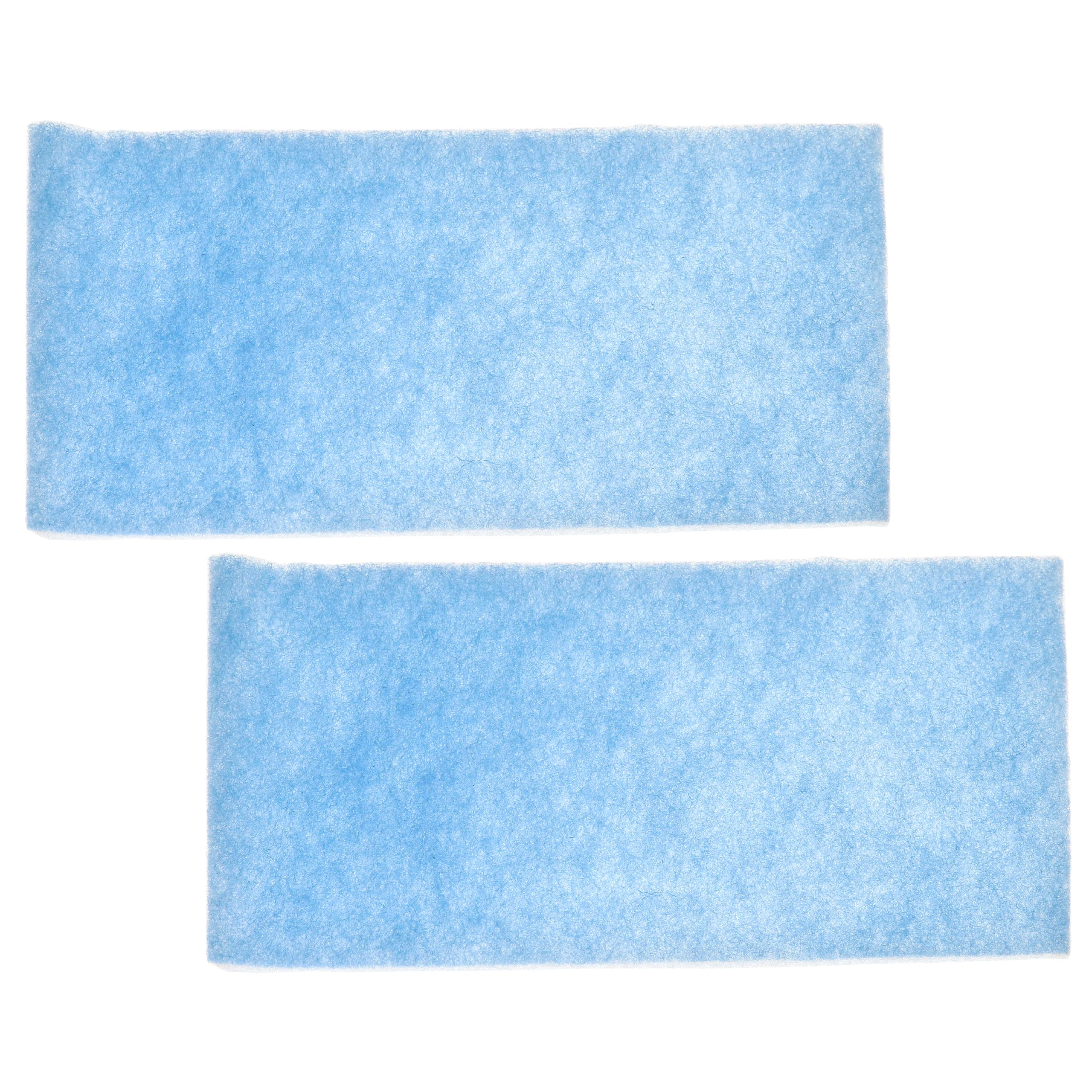 Zwei hellblaue rechteckige Filterpads auf weißem Hintergrund. Die Pads haben eine strukturierte Oberfläche.