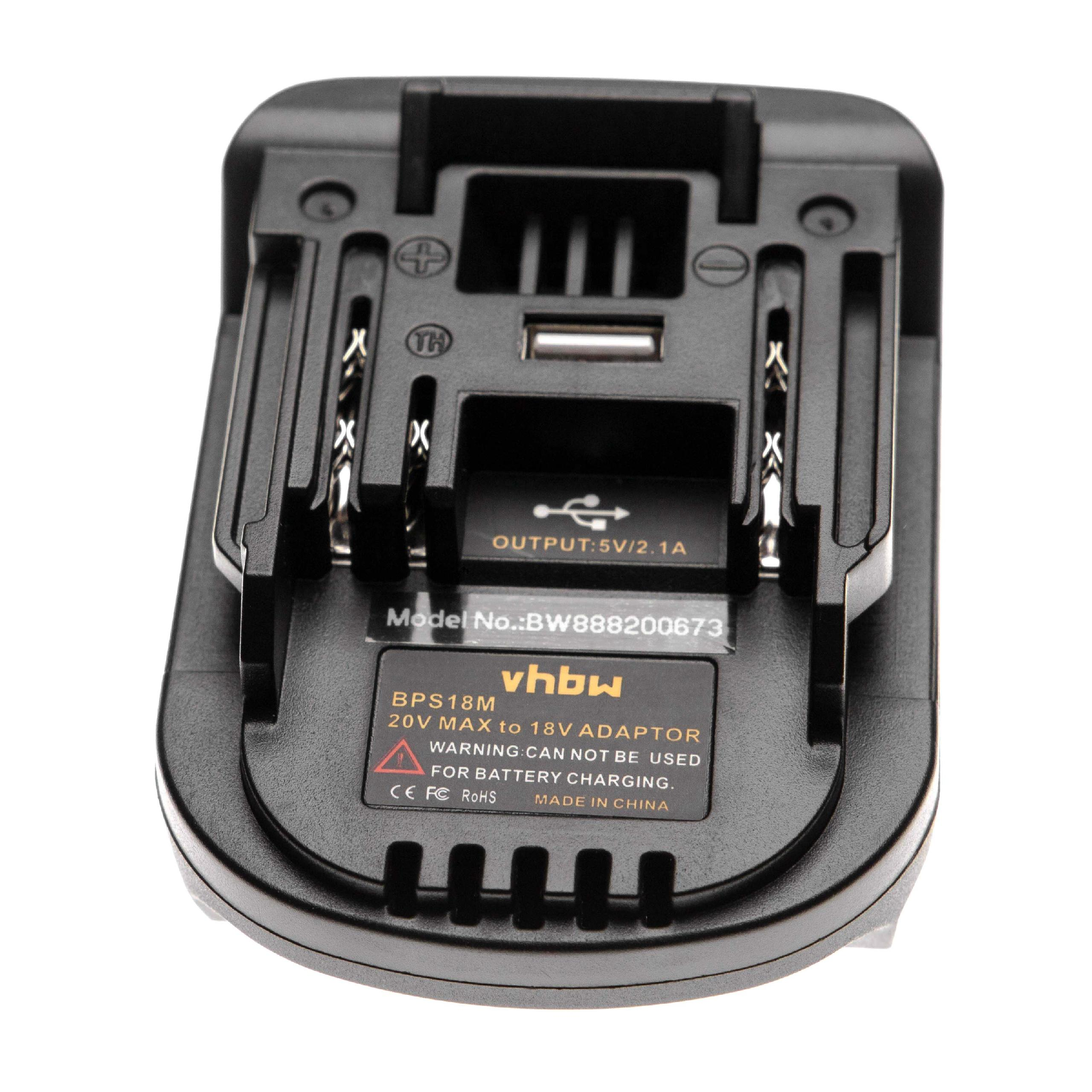 Schwarzer Adapter mit USB-Anschluss, Warnhinweis und Text mit der Aufschrift 'OUTPUT:5V/2.1A', 'BPS18M' und 'MADE IN CHINA'.