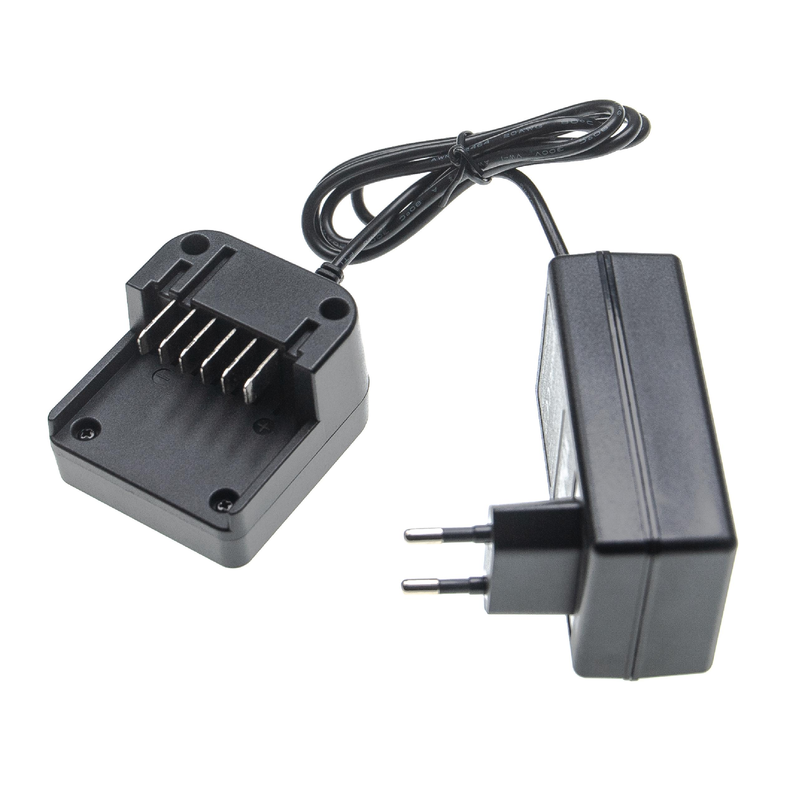 Schwarzes Batterieladegerät und Netzteil, verbunden durch ein schwarzes Kabel, isoliert auf weißem Hintergrund.