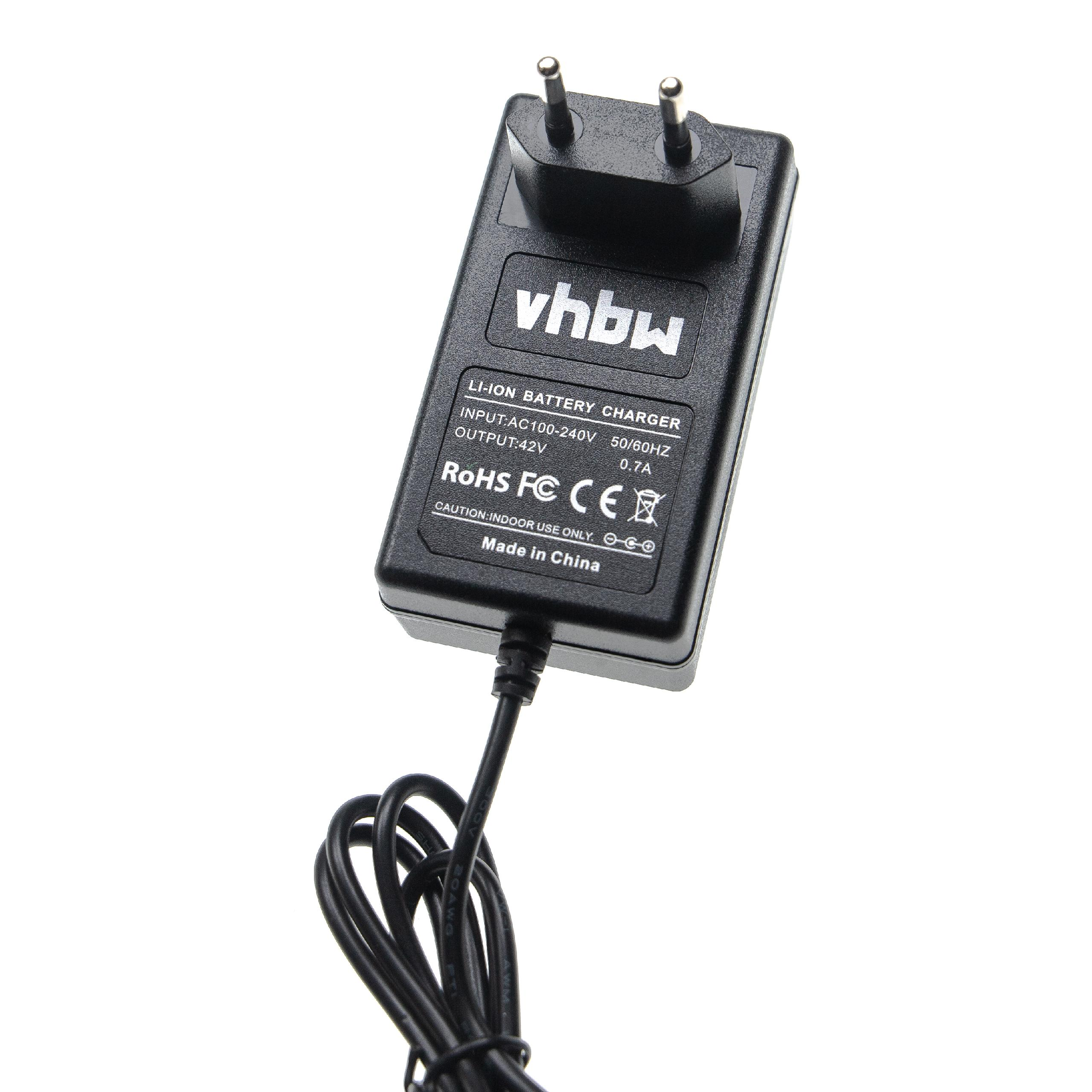 Ein schwarzes vhbw Li-Ionen-Batterieladegerät mit Zweipolstecker und schwarzem Kabel. Text auf dem Ladegerät enthält Spezifikationen.