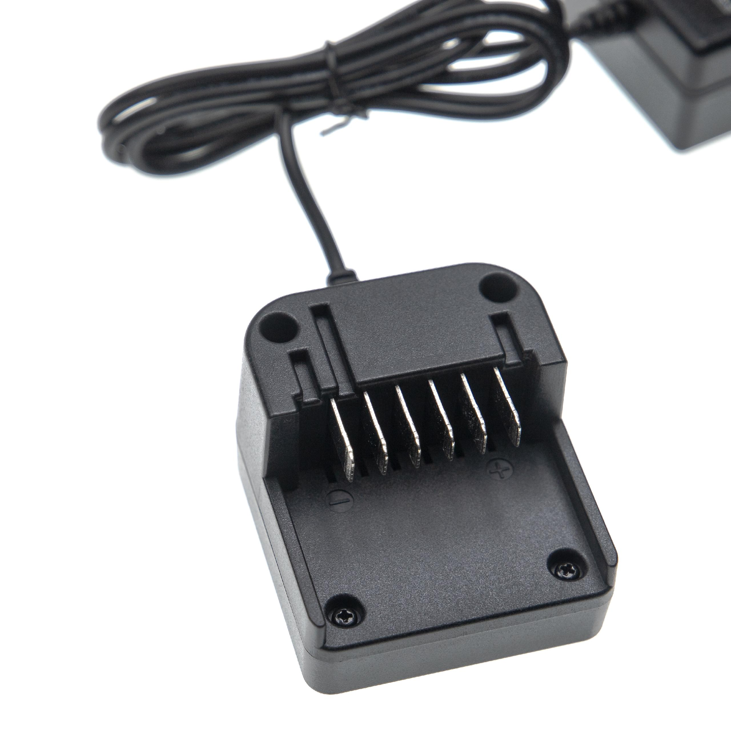 Ein schwarzes Batterieladegerät mit einem schwarzen Kabel. Es hat Metallkontakte. Der Hintergrund ist weiß.