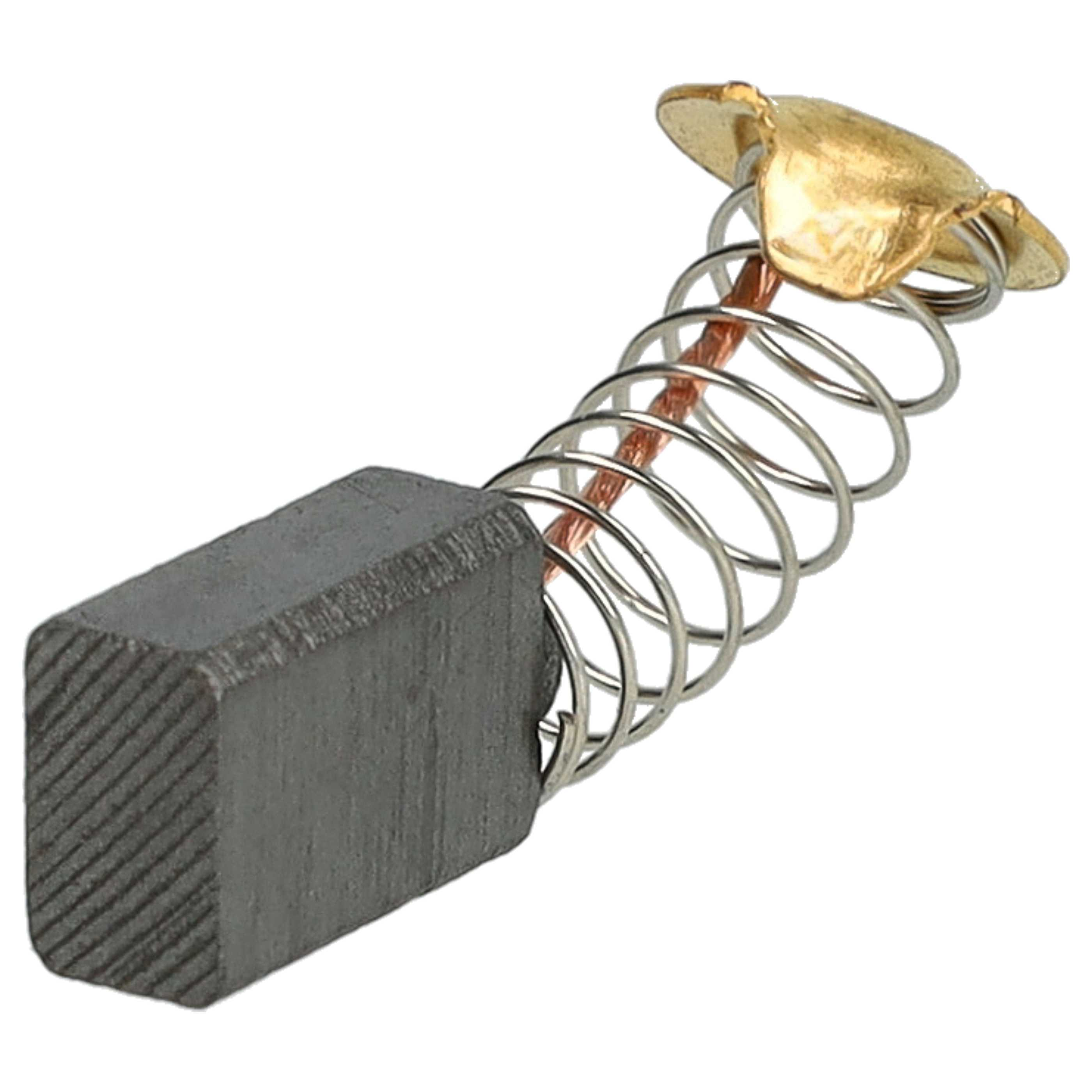 Eine Kohlebürstenbaugruppe. Sie hat einen rechteckigen grauen Kohleblock, eine Metallfeder, einen Kupferdraht und einen goldfarbenen Metallkontakt.