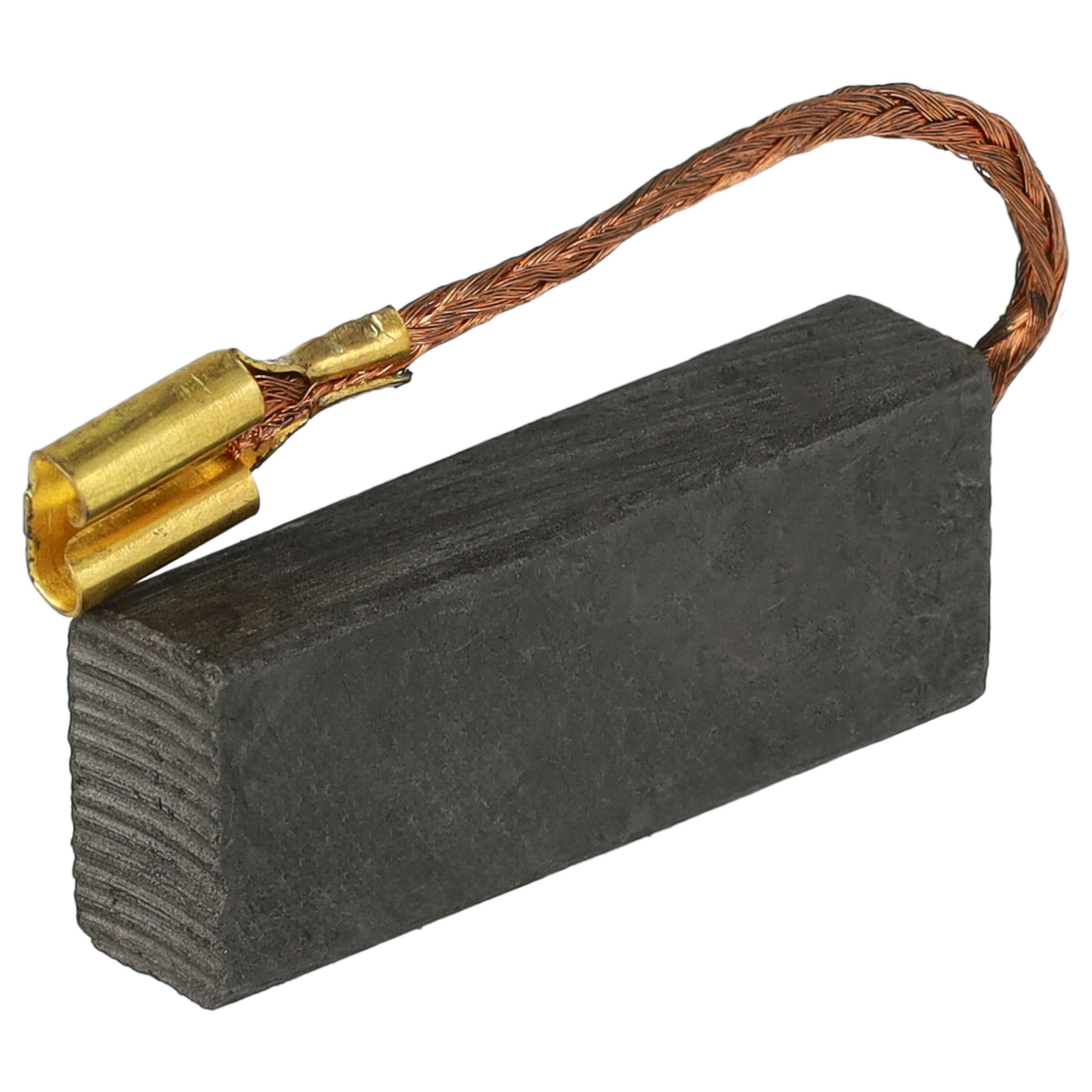 Ein Kohlebürsten mit Kupferdraht und Messingverbinder. Die Bürste ist rechteckig und schwarz, vor weißem Hintergrund.