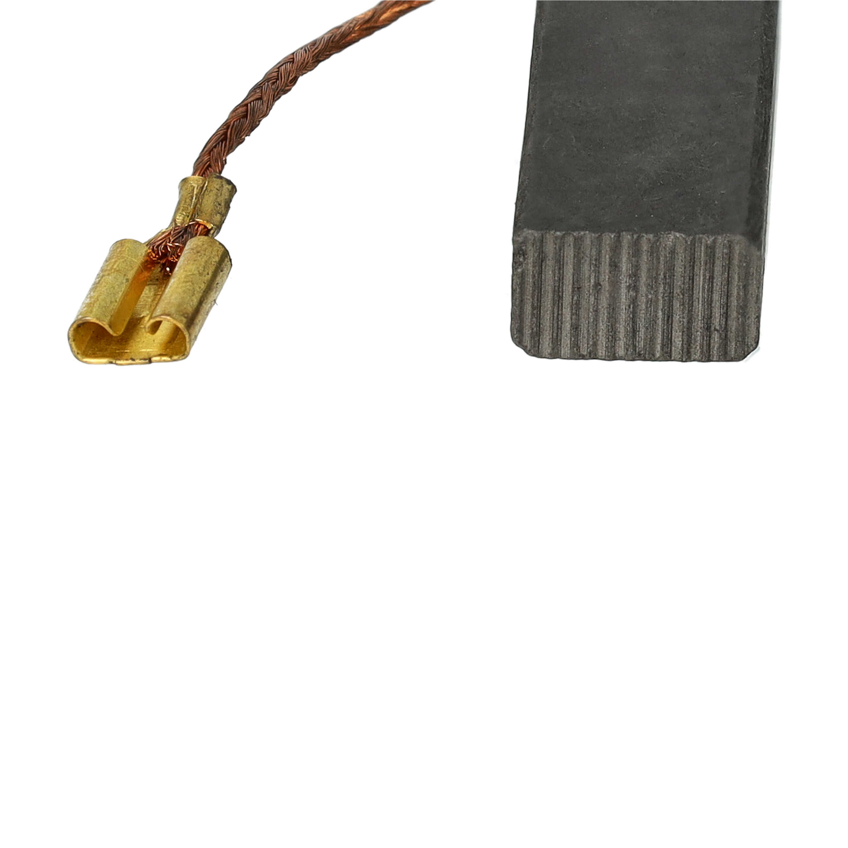 Das Bild zeigt einen Kupferdraht mit einem goldenen Stecker und eine dunkelgraue rechteckige Komponente mit Rippen.