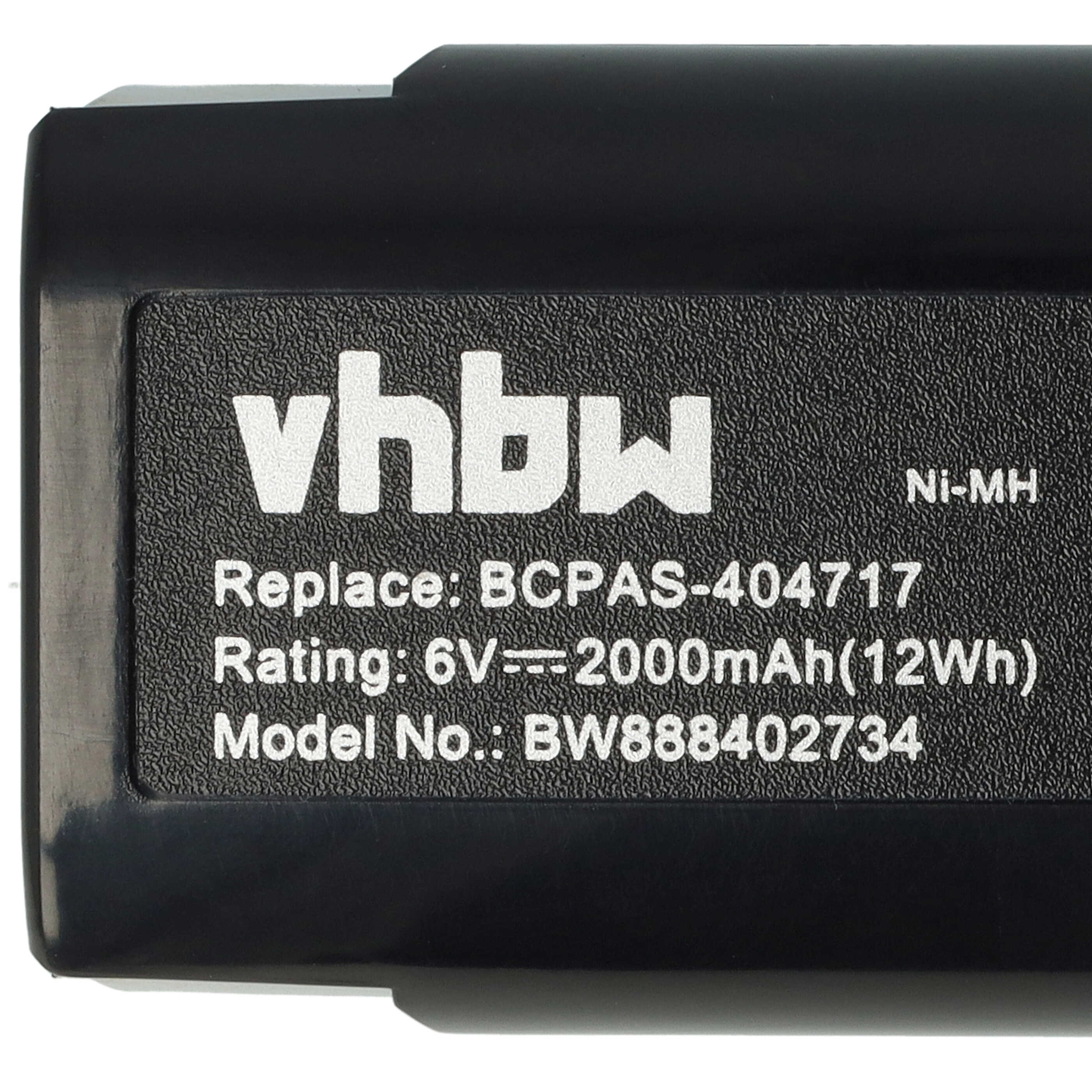 Ein schwarzes Akkupack mit weißem Text: vhbw, Ni-MH, Replace: BCPAS-404717, Rating: 6V 2000mAh(12Wh), Model No.: BW888402734.