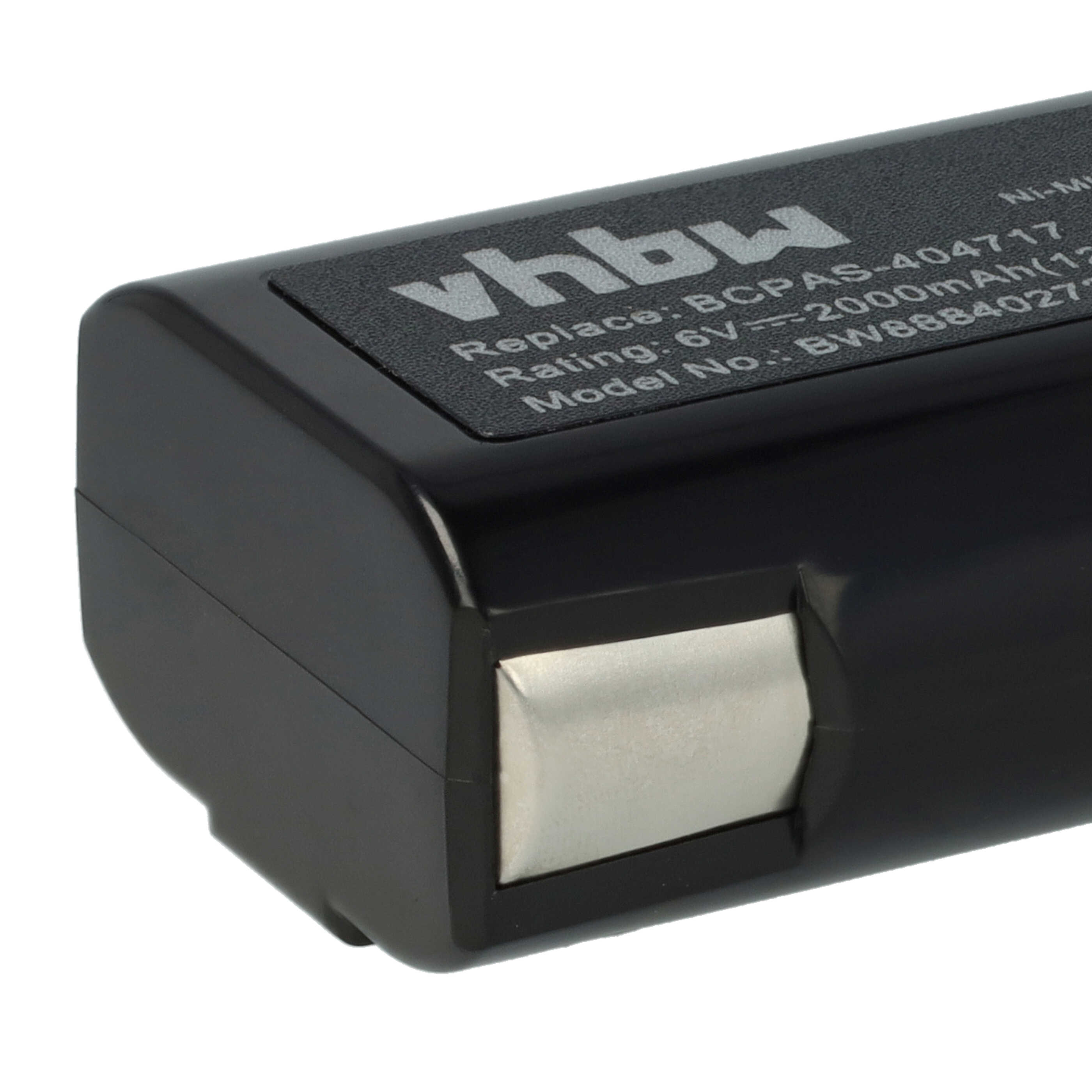 Schwarzer Akku mit silbernem Metallkontakt. Aufgedruckt sind Text: vhbw, Modell, Nennleistung und andere Daten.