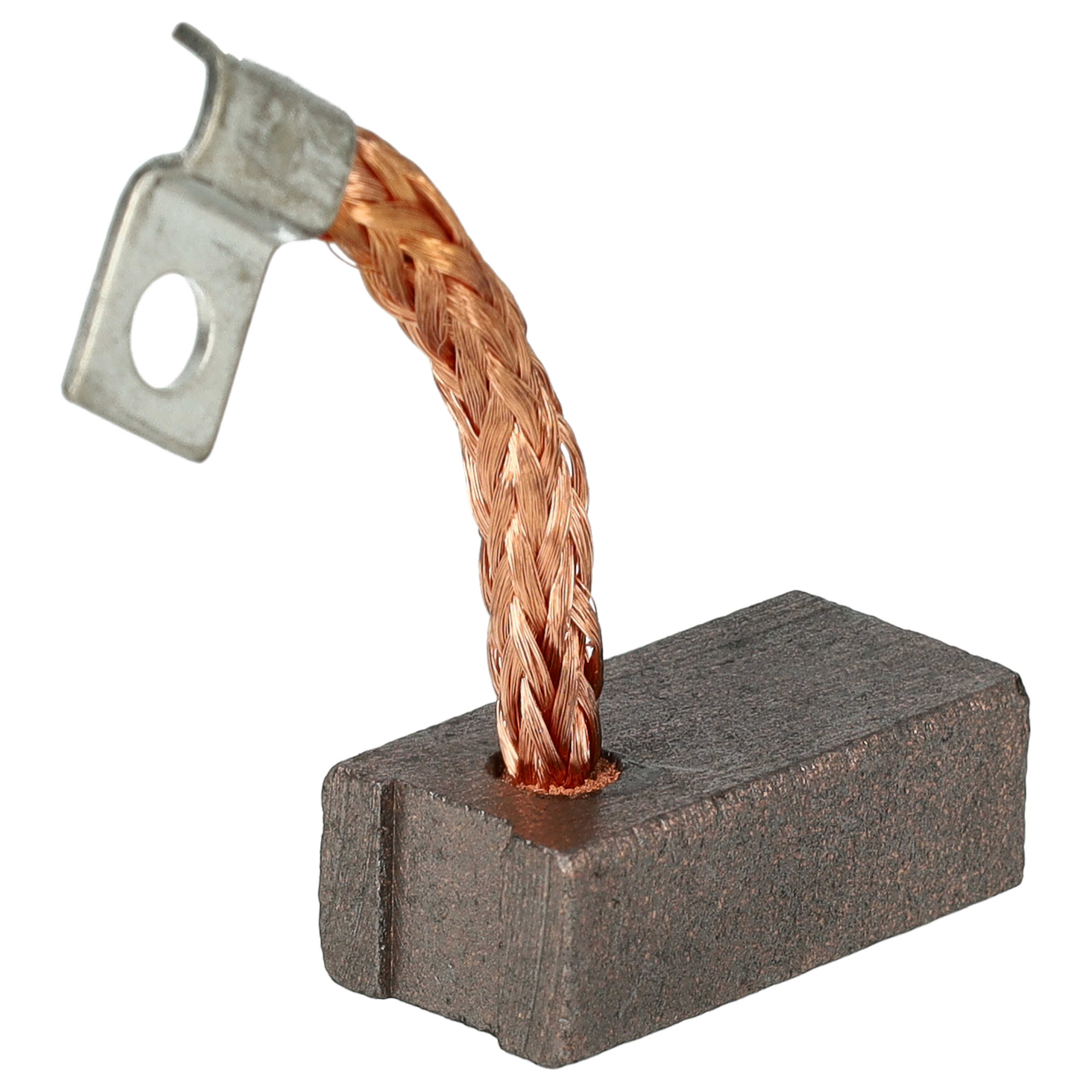 Ein Kohlebürste mit geflochtenem Kupferkabel und Metallverbinder, isoliert auf Weiß.