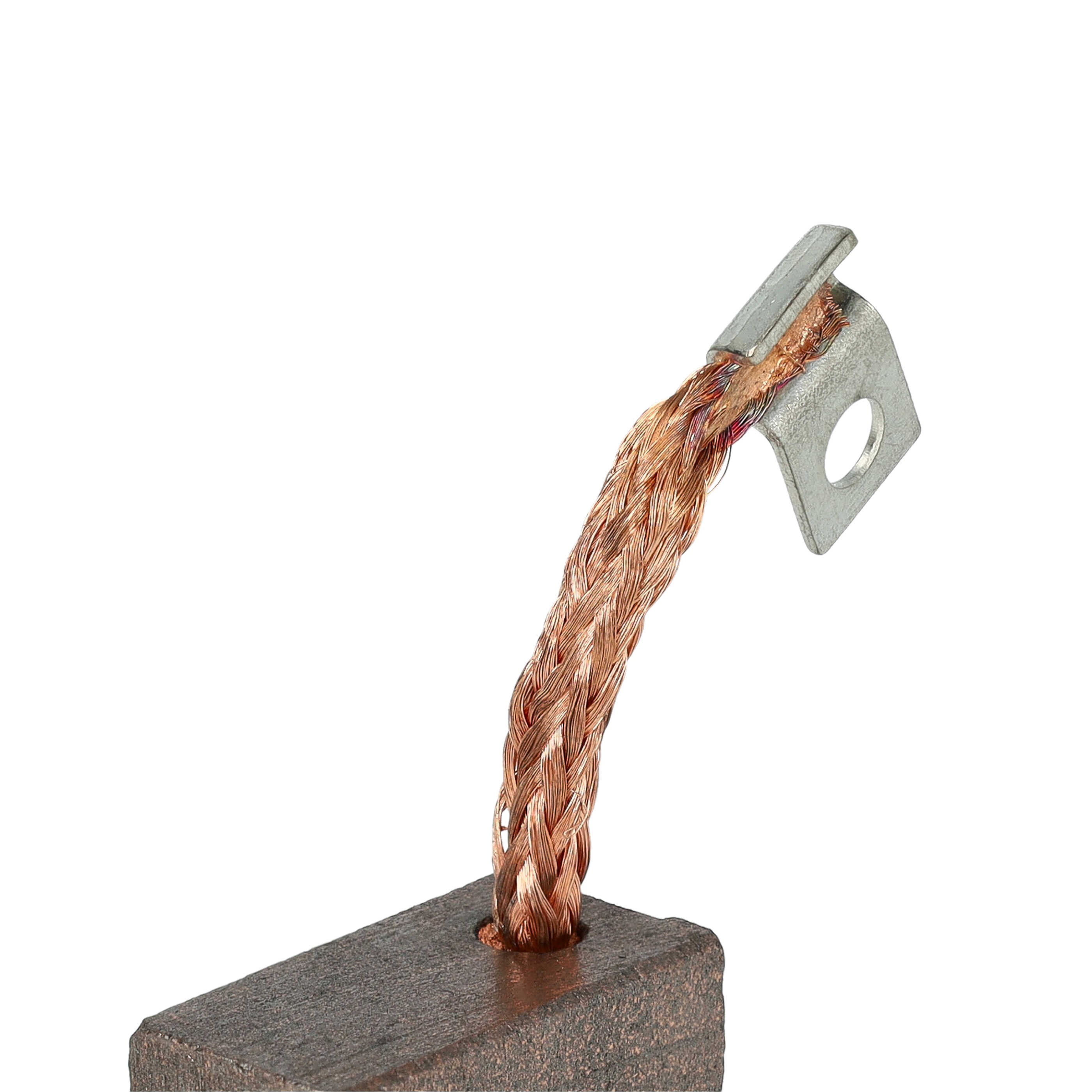 Nahaufnahme eines geflochtenen Kupferkabels mit Metallanschluss. Das Kabel kommt aus einem dunkelgrauen Block, alles auf weißem Hintergrund.