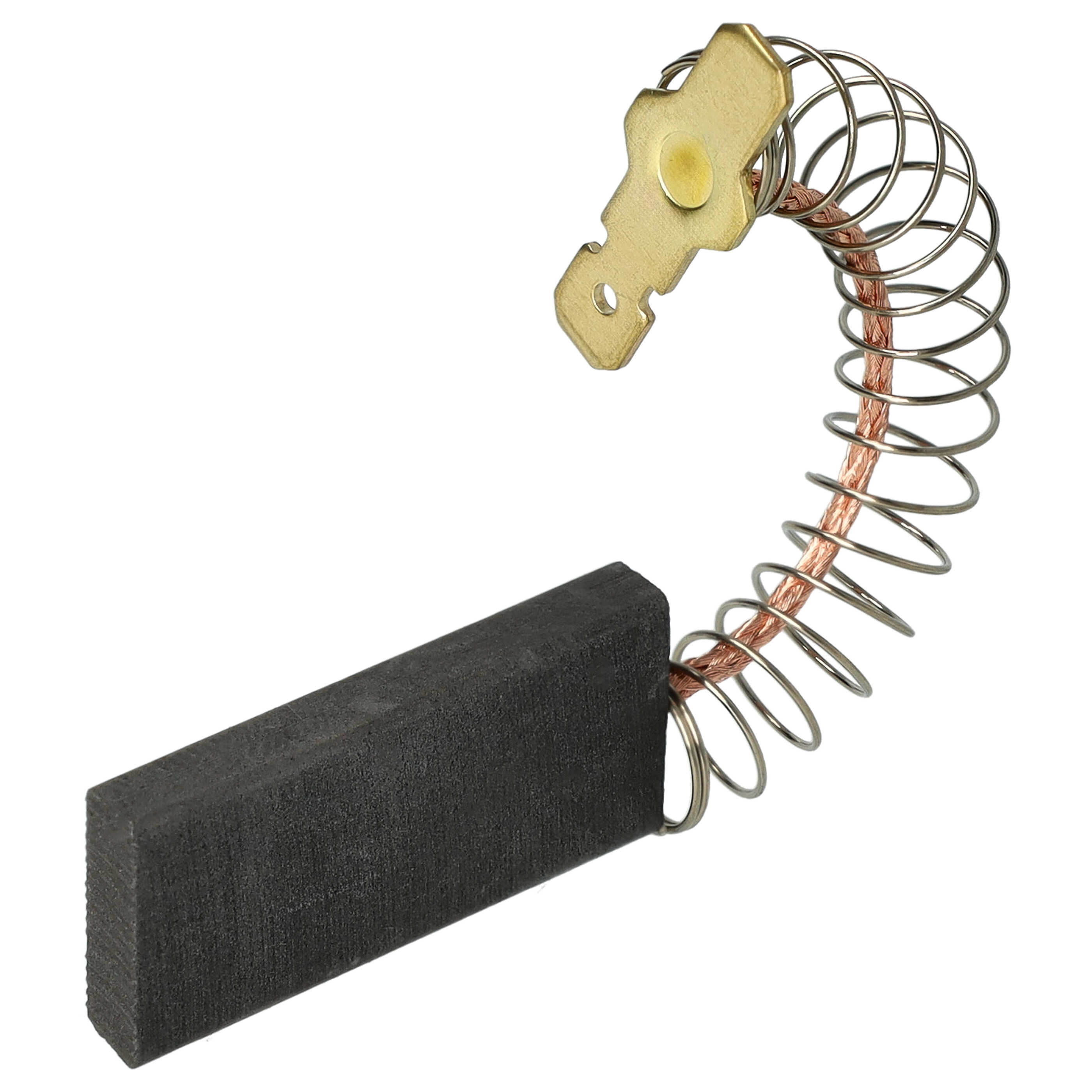 Eine elektrische Komponente. Sie hat einen rechteckigen Graphitblock, ein Messingteil, einen Kupferdraht und eine Metallfeder.