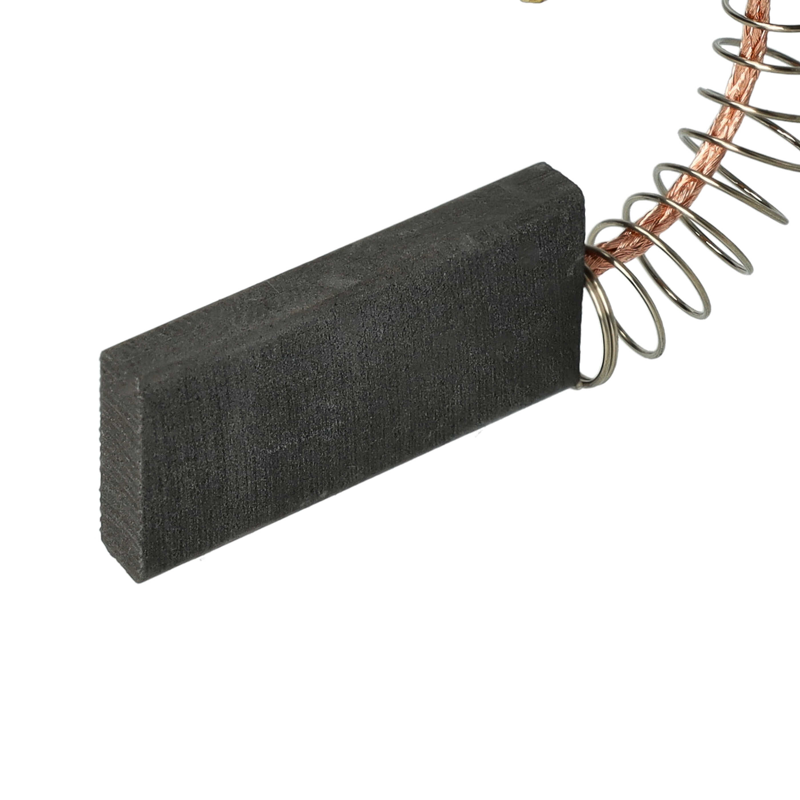 Ein dunkelgrauer rechteckiger Kohlebürste, befestigt an einem Kupferdraht mit einer Metallfeder, isoliert auf weißem Hintergrund.
