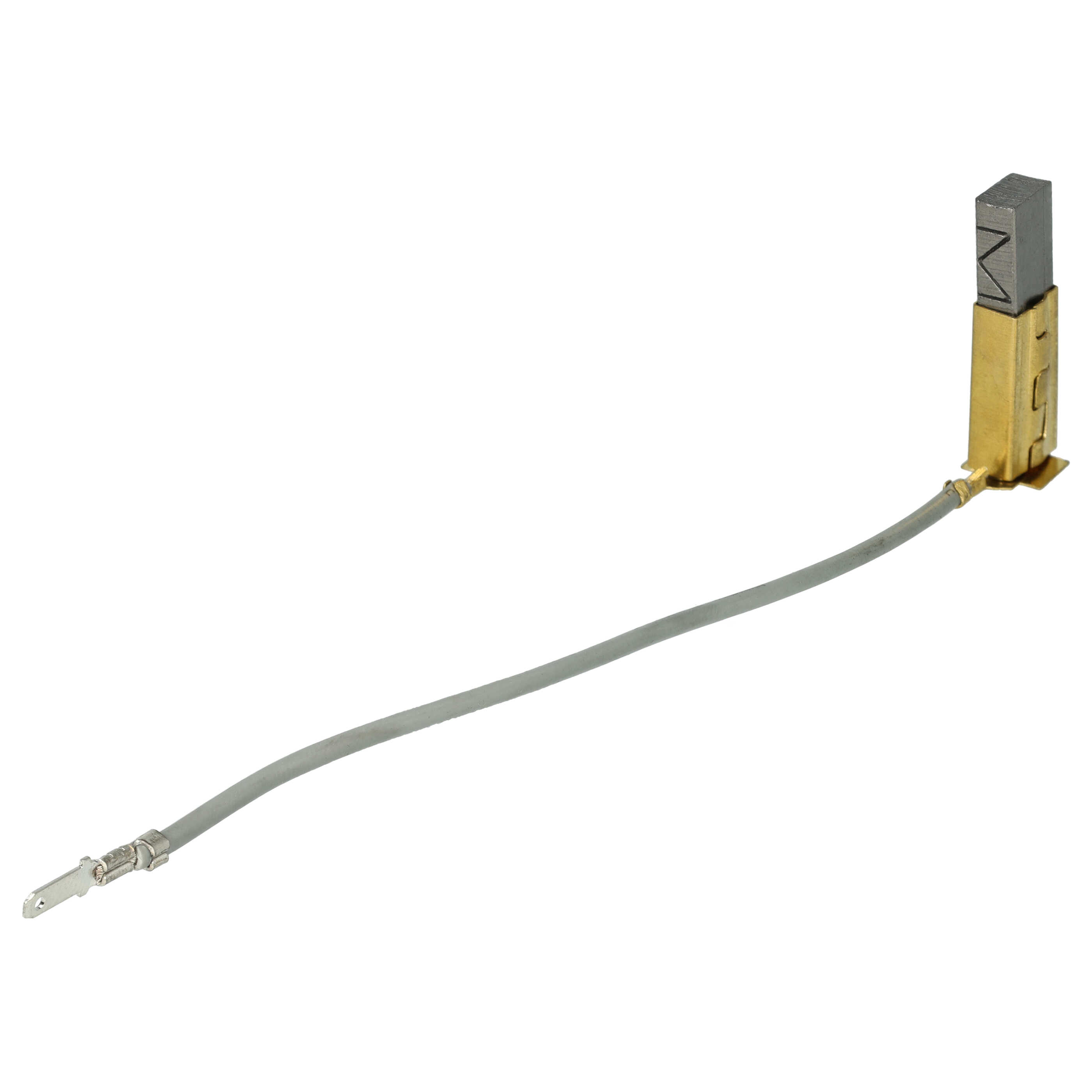 Eine elektrische Komponente mit einem grauen Draht, einem metallischen Ende und einem dunkelgrauen rechteckigen Block in einem goldenen Halter.