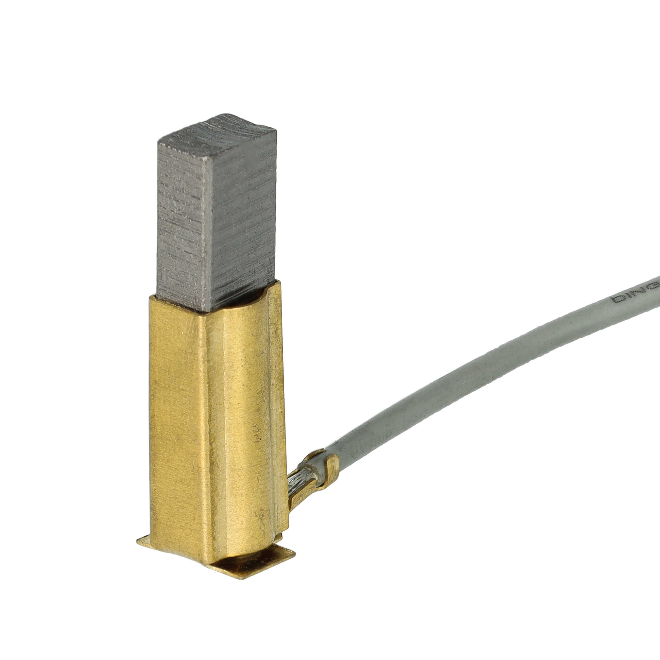 Eine metallisch-graue rechteckige Komponente ist in einem goldfarbenen Halter befestigt, an dem ein graues Kabel befestigt ist.