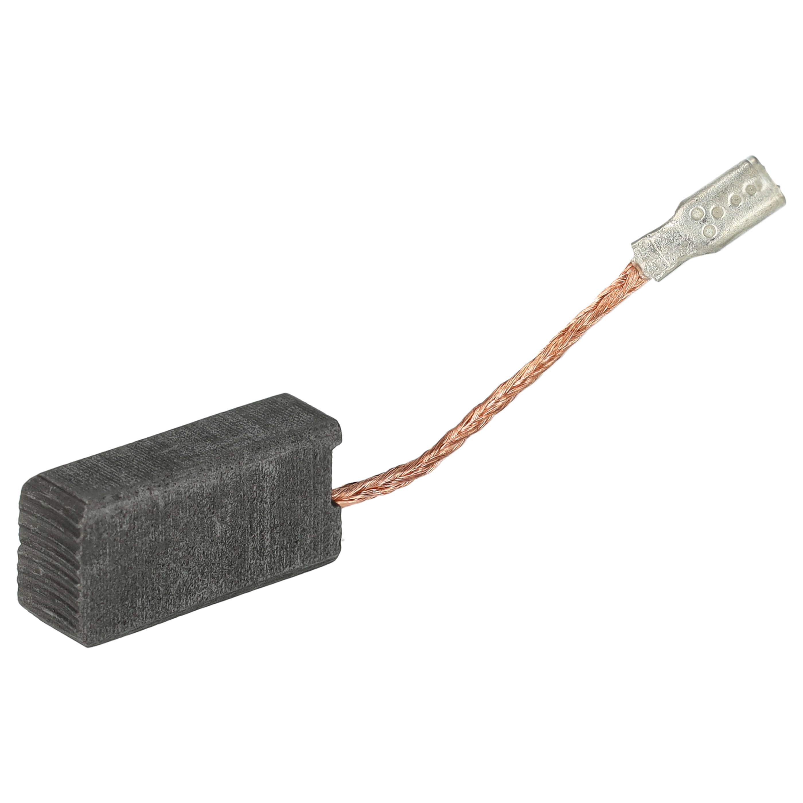 Ein rechteckiger, dunkelgrauer Kohlebürsten mit Kupferdraht und silberfarbenem Stecker auf weißem Hintergrund.