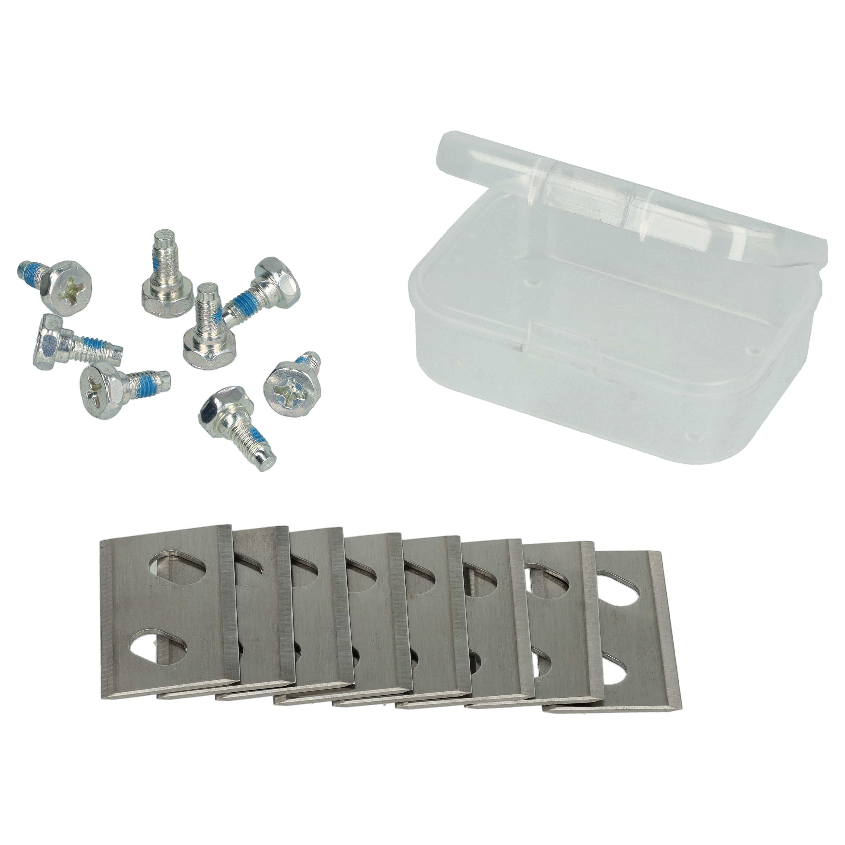 Das Bild zeigt Schrauben, eine kleine Plastikbox und mehrere Metallklingen auf weißem Hintergrund.