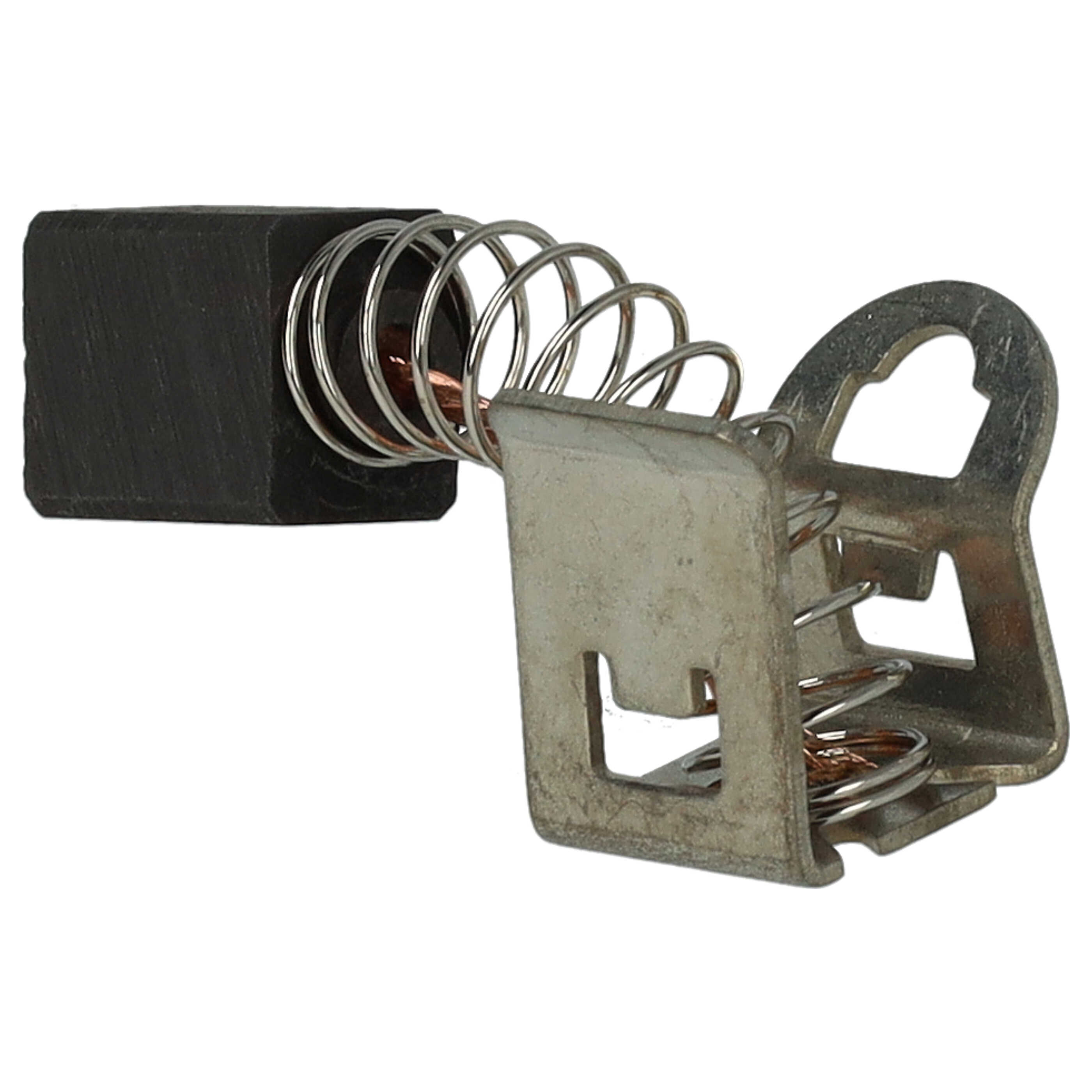 Eine Metall- und Kohlebürstenanordnung. Sie hat einen rechteckigen Kohleblock, eine Feder und einen Metallhalter.