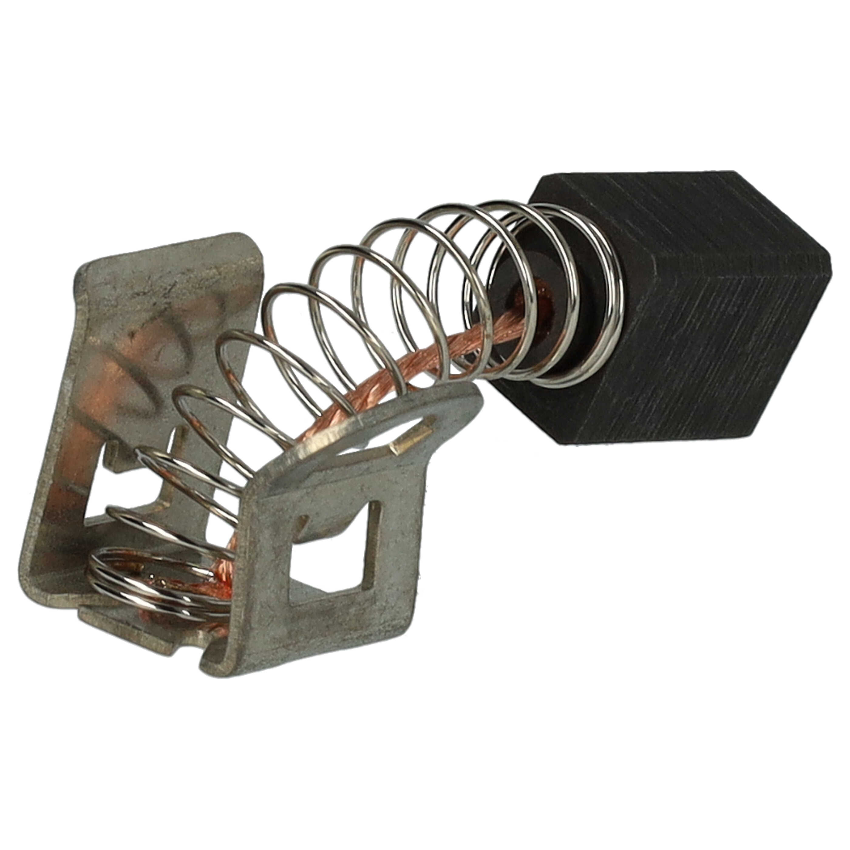 Eine metallische Feder und Halterung mit einem dunklen Block sind vor weißem Hintergrund zu sehen.
