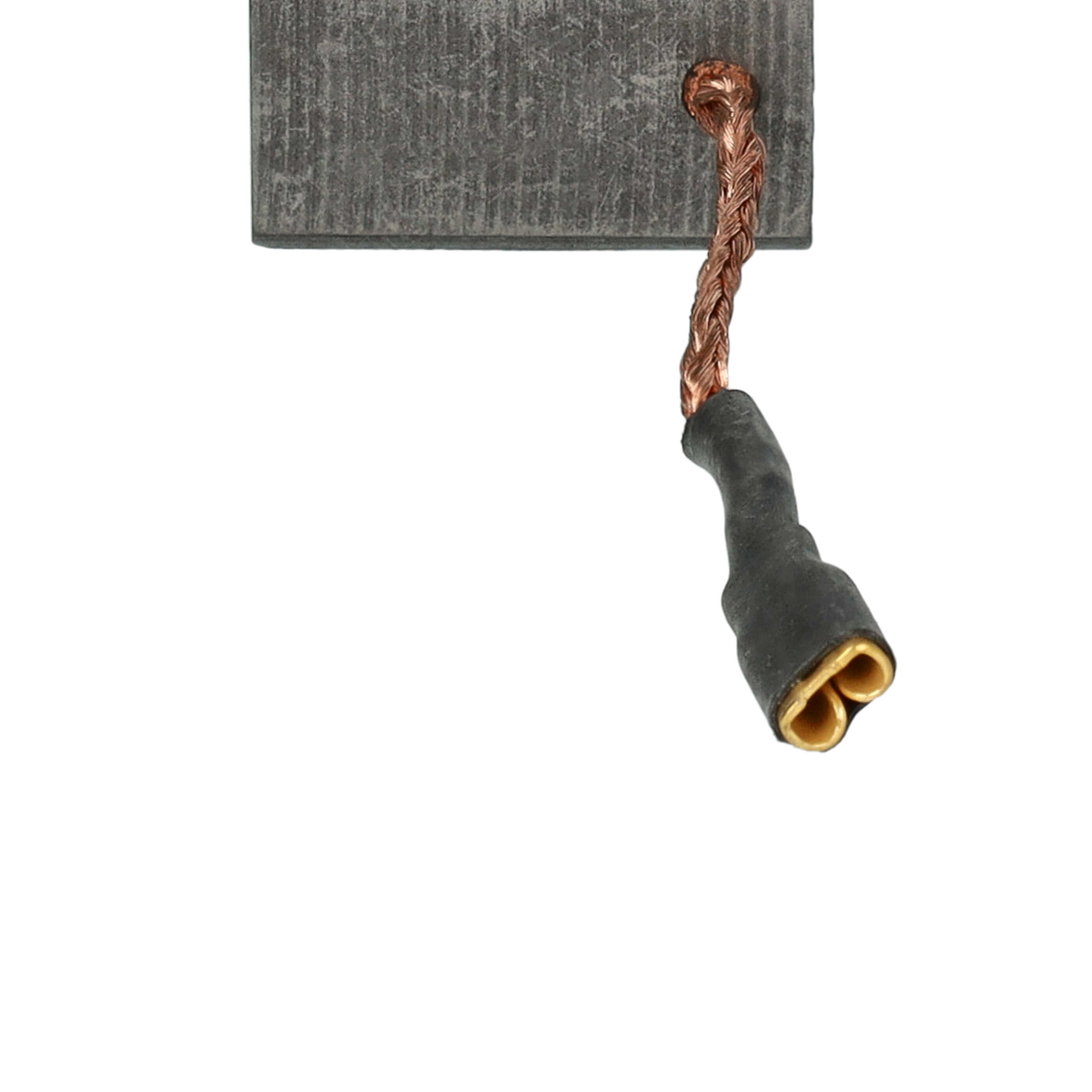 Nahaufnahme zeigt ein rechteckiges, graues Bauteil mit Kupferdraht und einem schwarzen Stecker. Weißer Hintergrund.