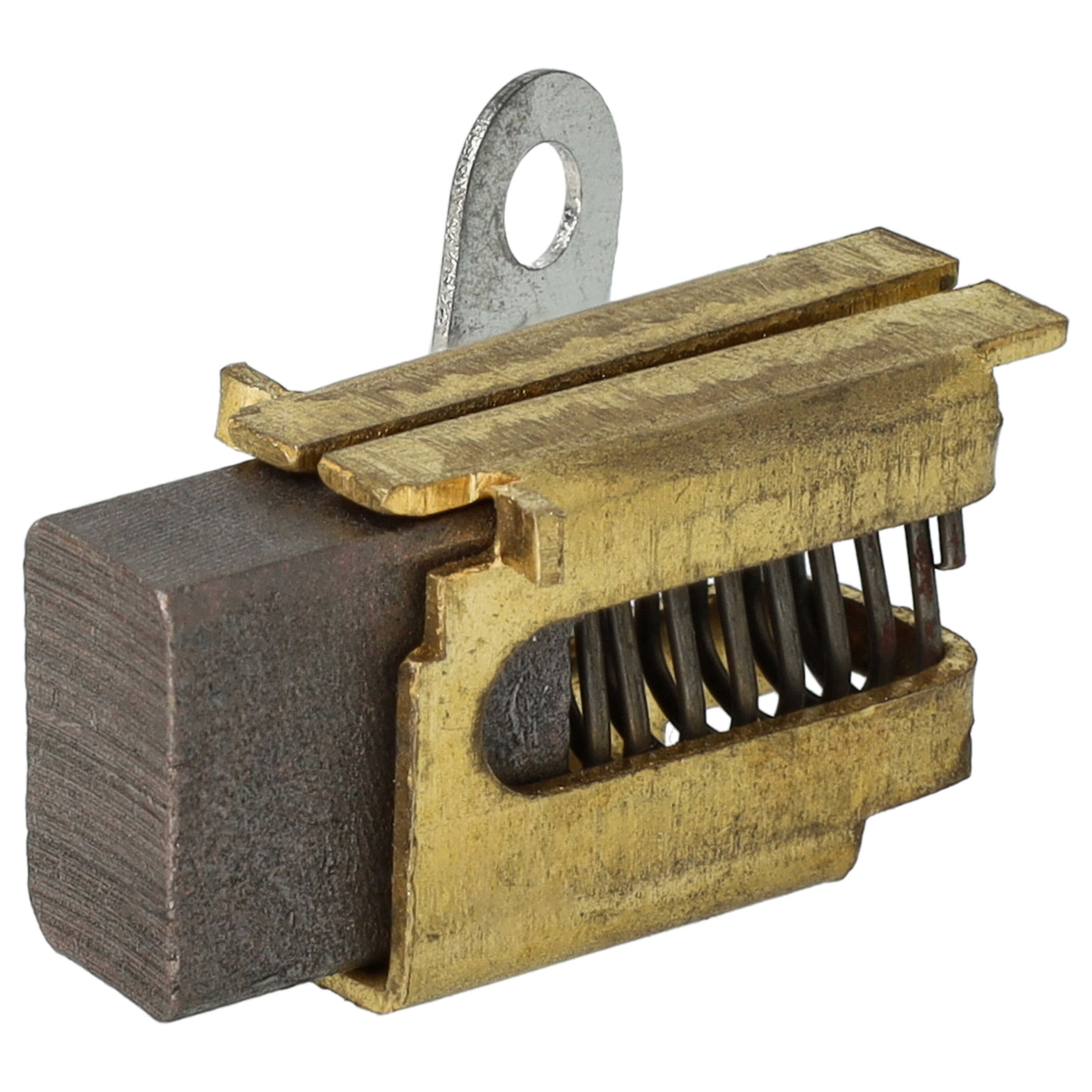 Ein mechanisches Teil mit dunklem Block, Messingrahmen, Federn und einer Metallschlaufe, isoliert auf Weiß.