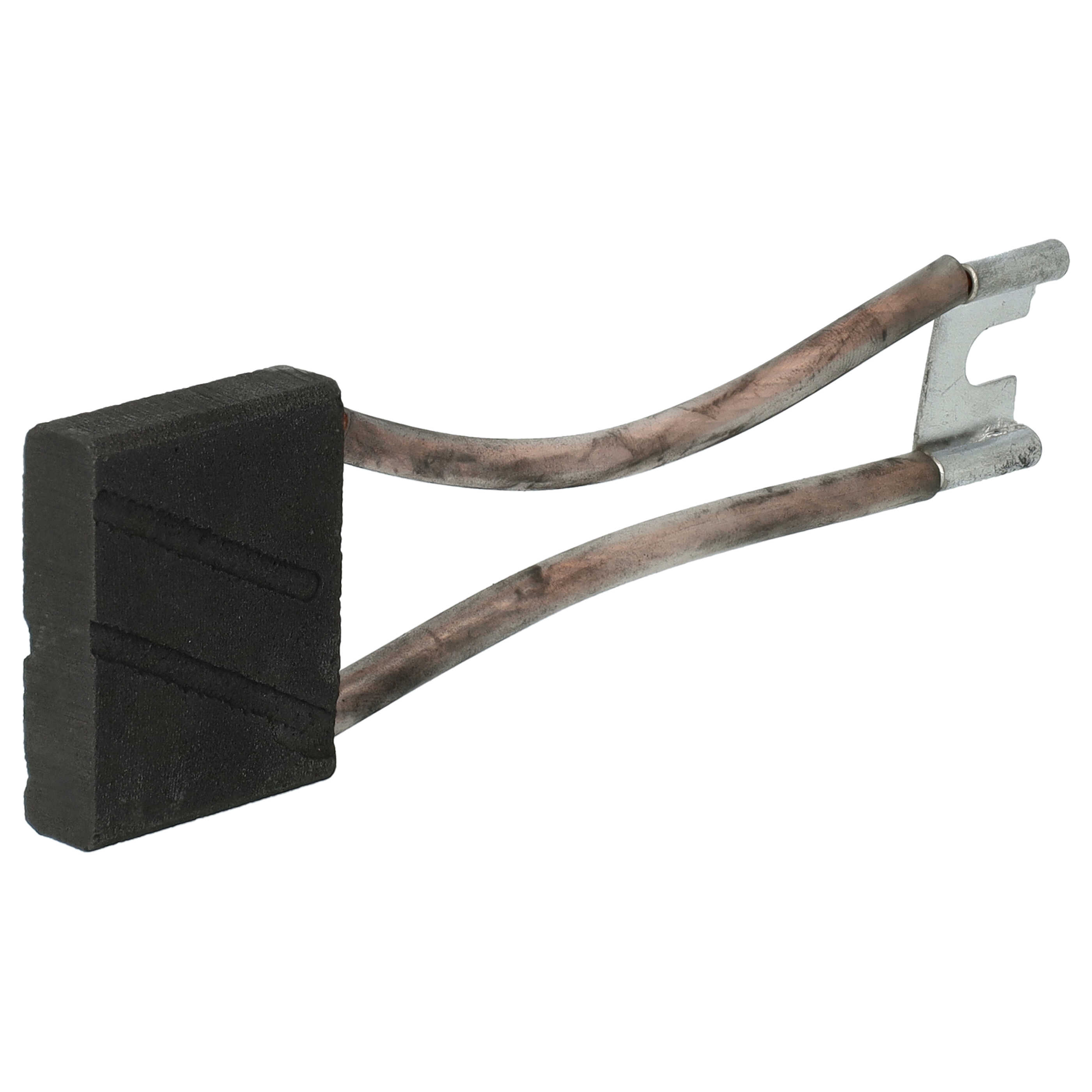 Ein dunkler rechteckiger Block ist mit gebogenen Metallrohren verbunden, die mit einer Metallhalterung enden, alles vor weißem Hintergrund.