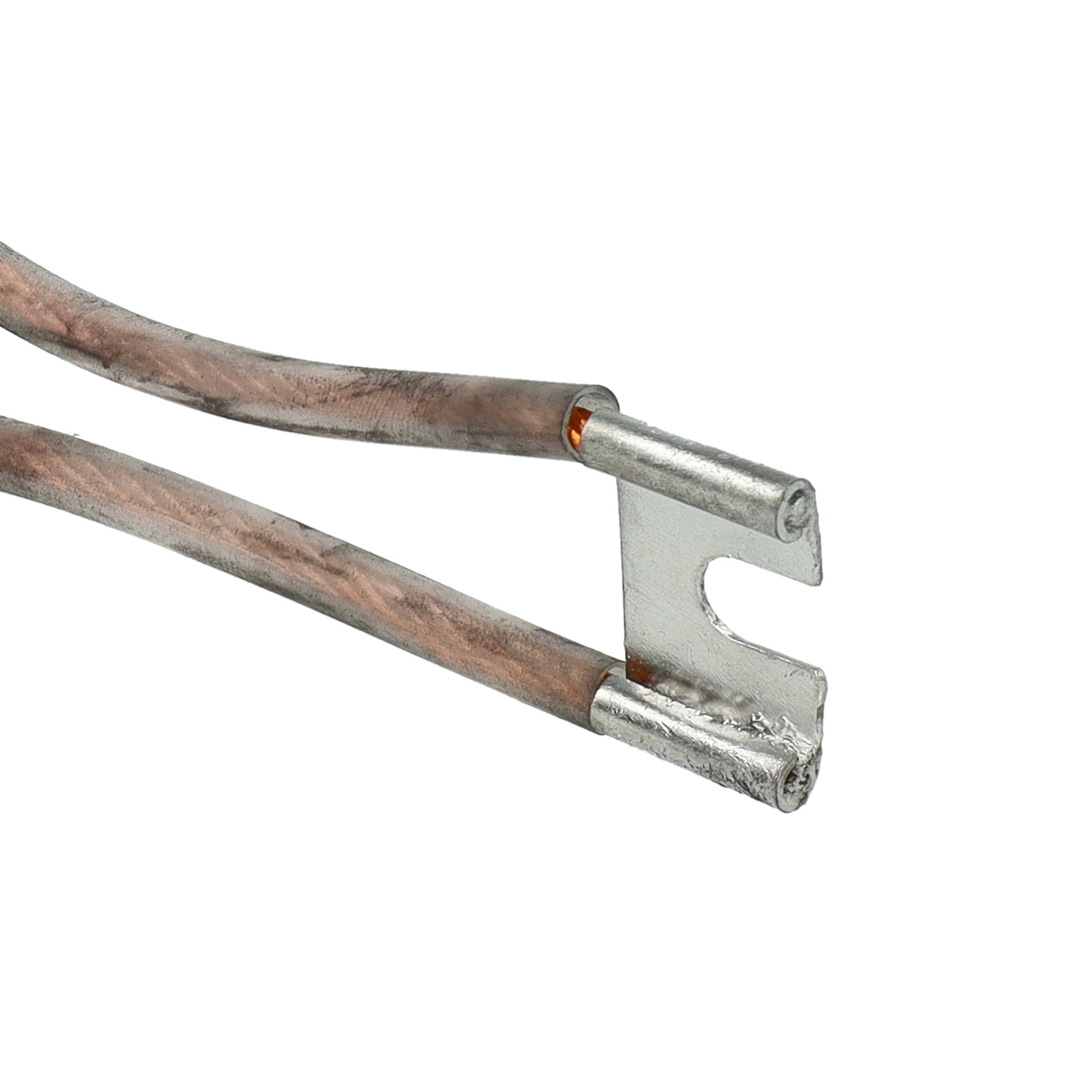 Zwei Kupferdrähte mit Silberverbindern. Ein Verbinder hat eine gekrümmte Form.