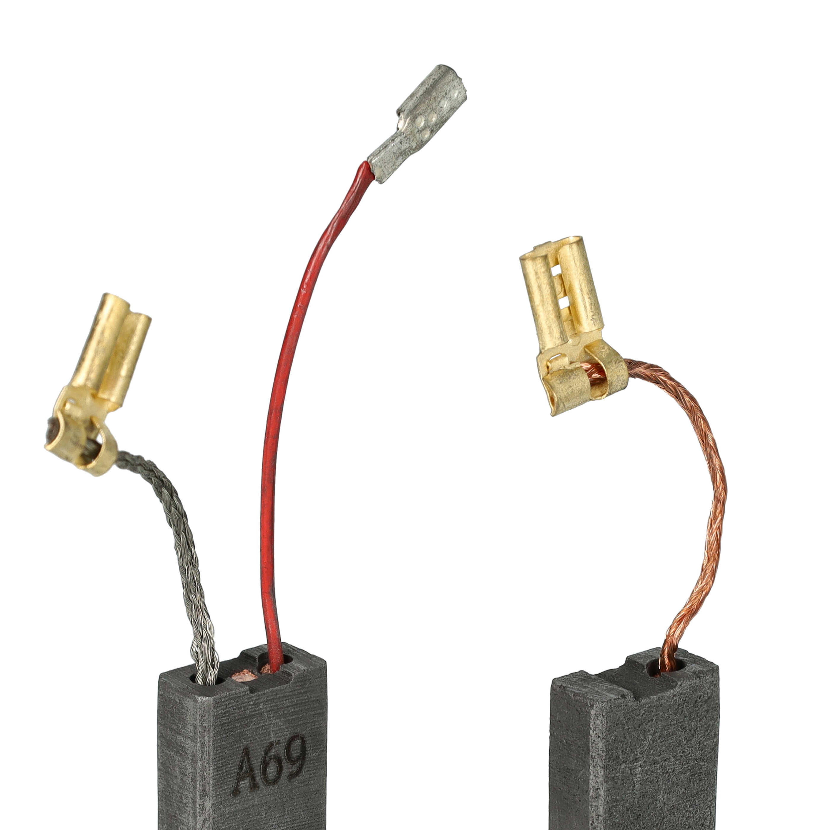 Drei elektrische Komponenten mit Drähten. Eines hat ein silbernes Ende, ein anderes einen roten Draht und das letzte einen Kupferdraht.