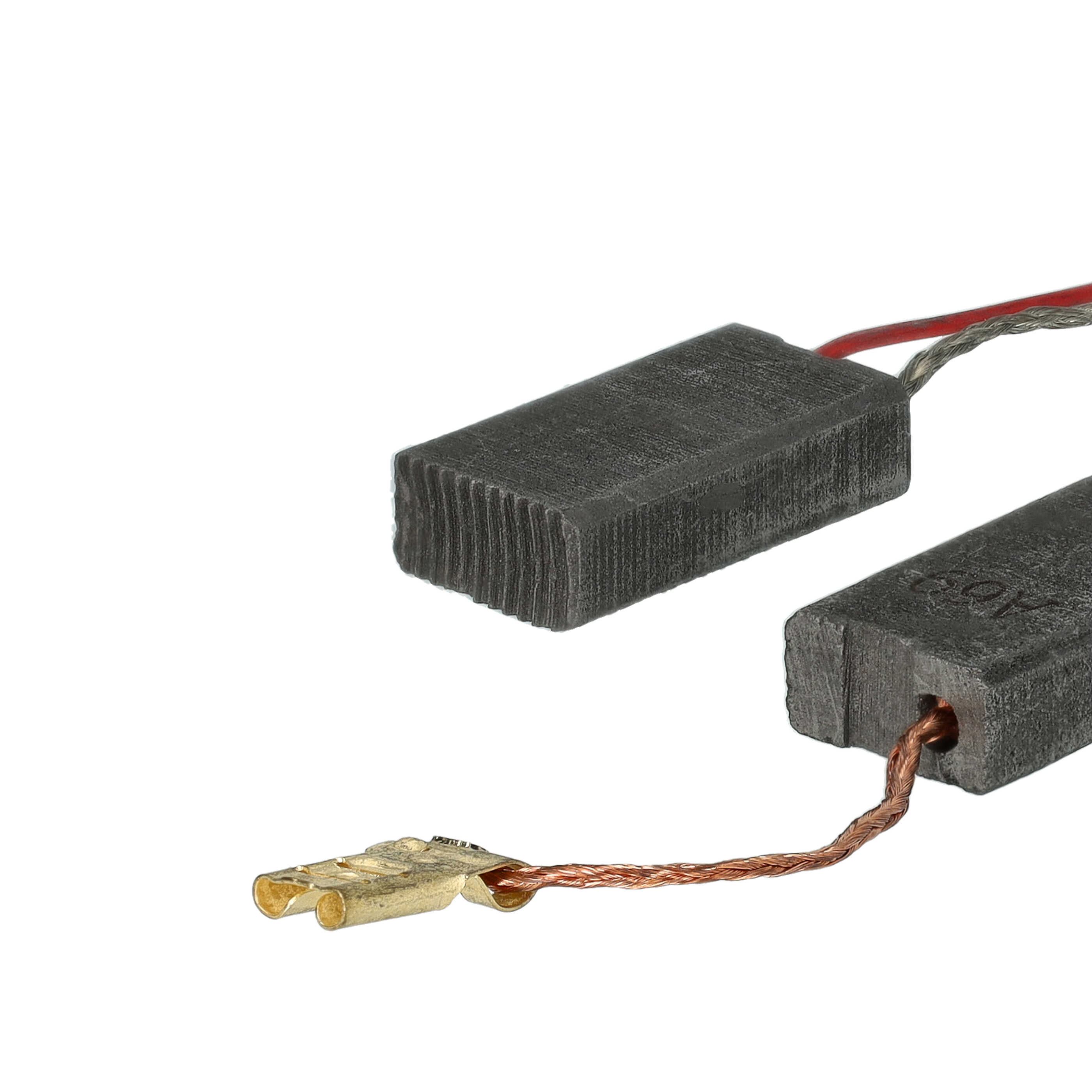 Zwei schwarze Kohlebürsten mit Drähten und einem goldenen Stecker vor weißem Hintergrund.