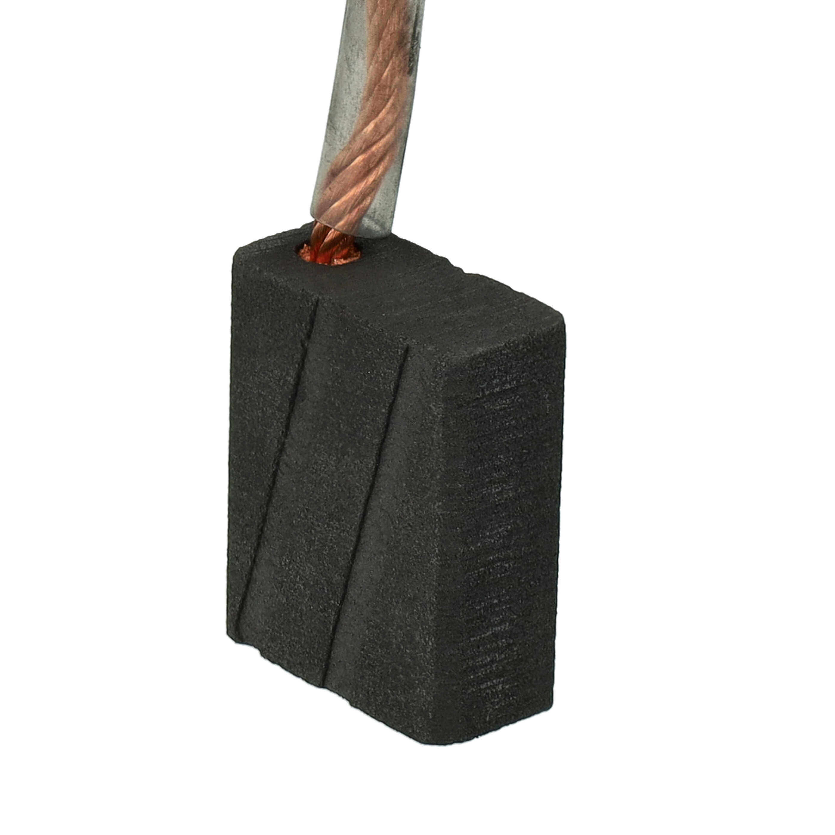 Ein schwarzer, rechteckiger Kohlebürsten mit einem Kupferdraht. Der Hintergrund ist weiß.