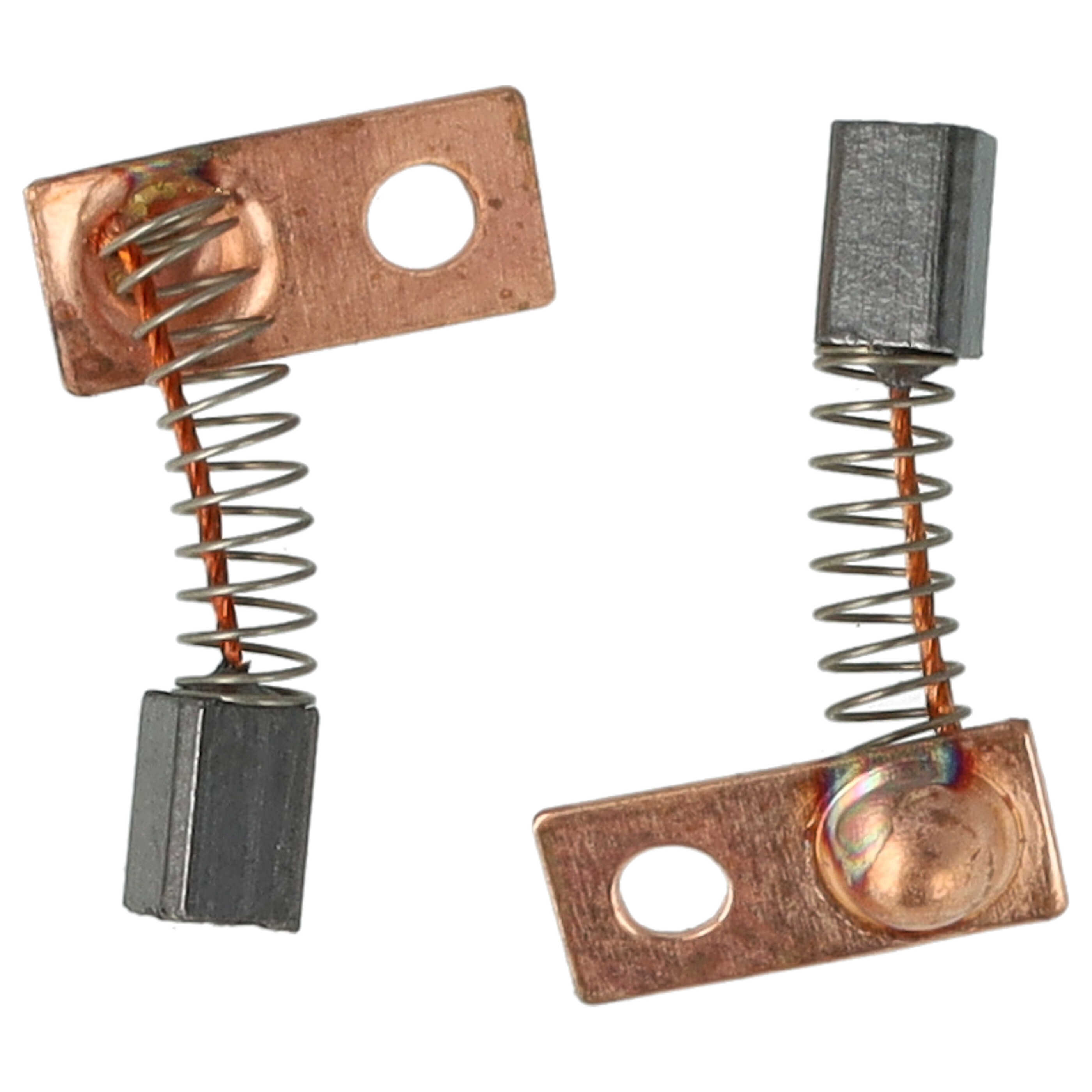 Zwei elektrische Komponenten. Jede hat eine Metallplatte, Feder und einen rechteckigen, dunkel gefärbten Block.