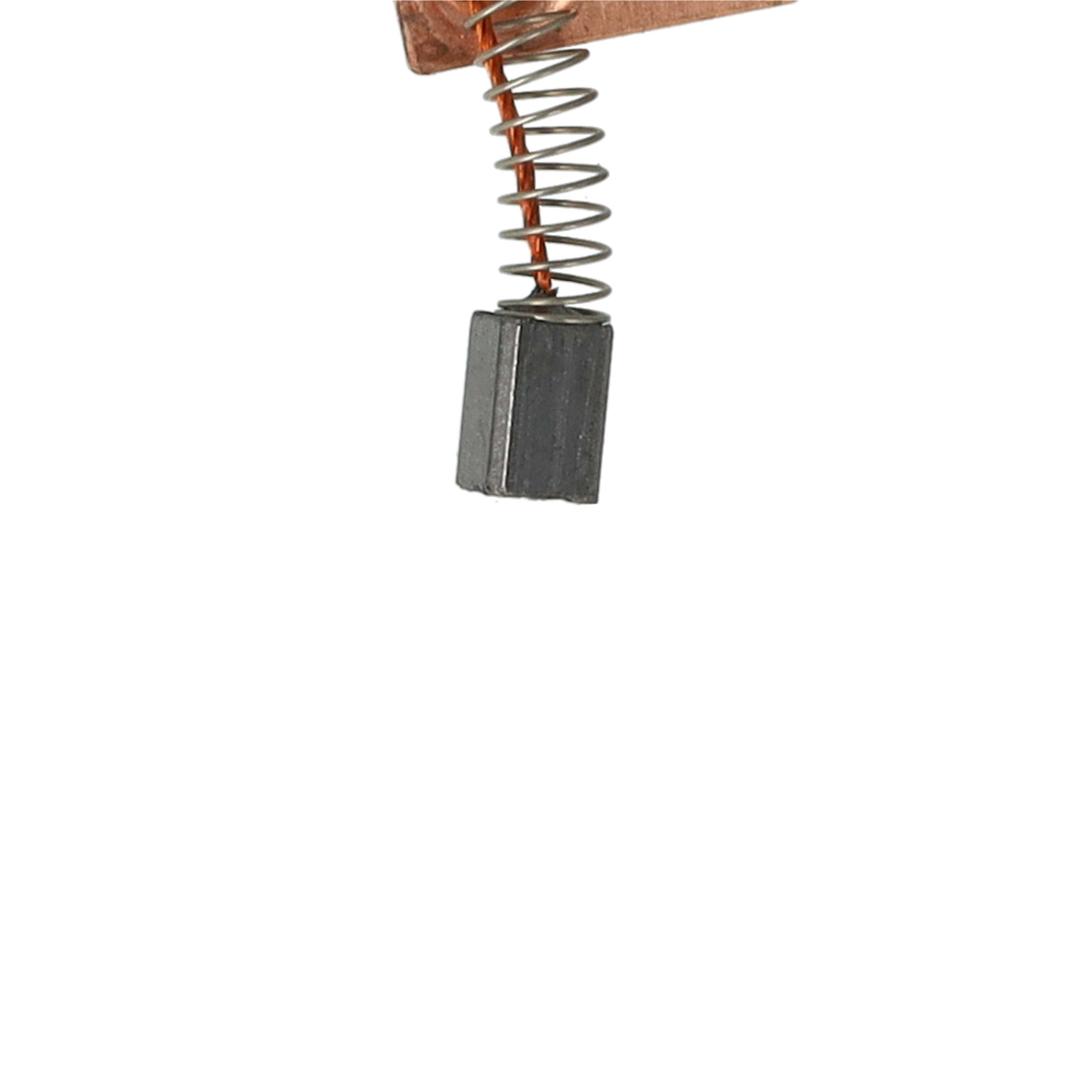 Nahaufnahme eines mechanischen Teils mit einem dunkelgrauen, rechteckigen Block, einer Silberfeder und Kupferdraht.