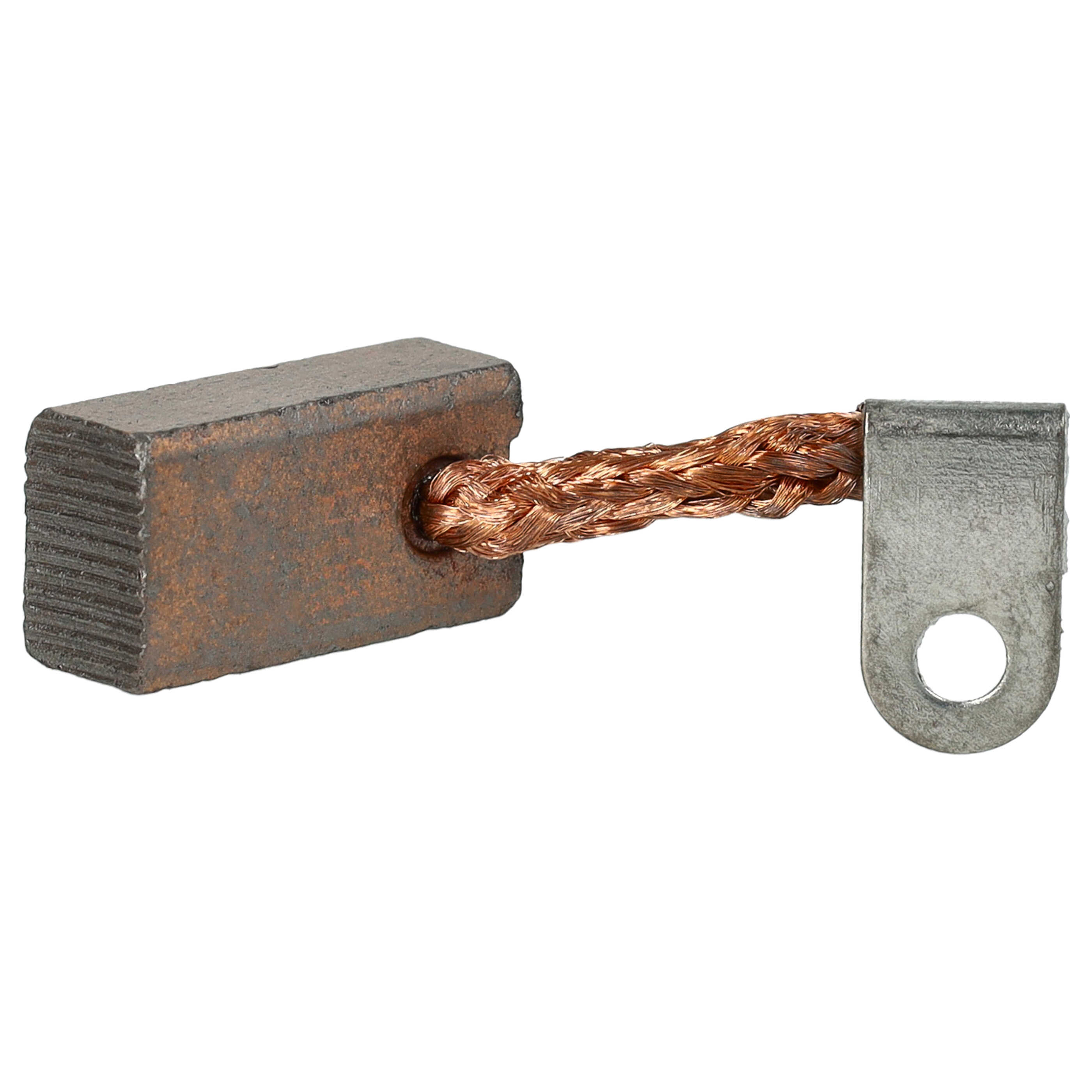 Ein Kupferdraht ist mit einem braunen rechteckigen Block und einer Metallhalterung mit Loch verbunden.