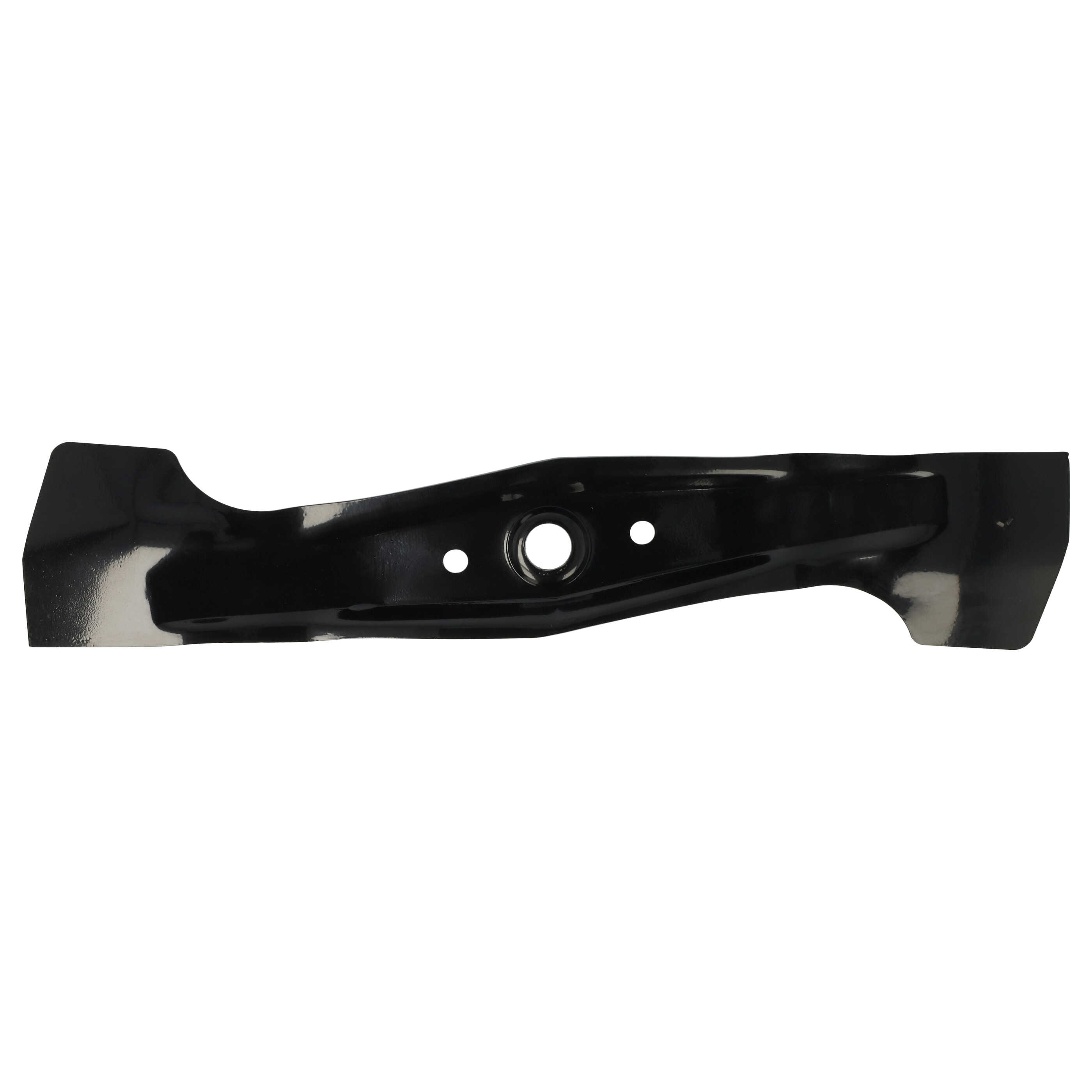 Eine schwarze, gebogene Metallklinge mit Löchern. Es ist für einen Rasenmäher, mit glänzendem Finish und weißem Hintergrund.