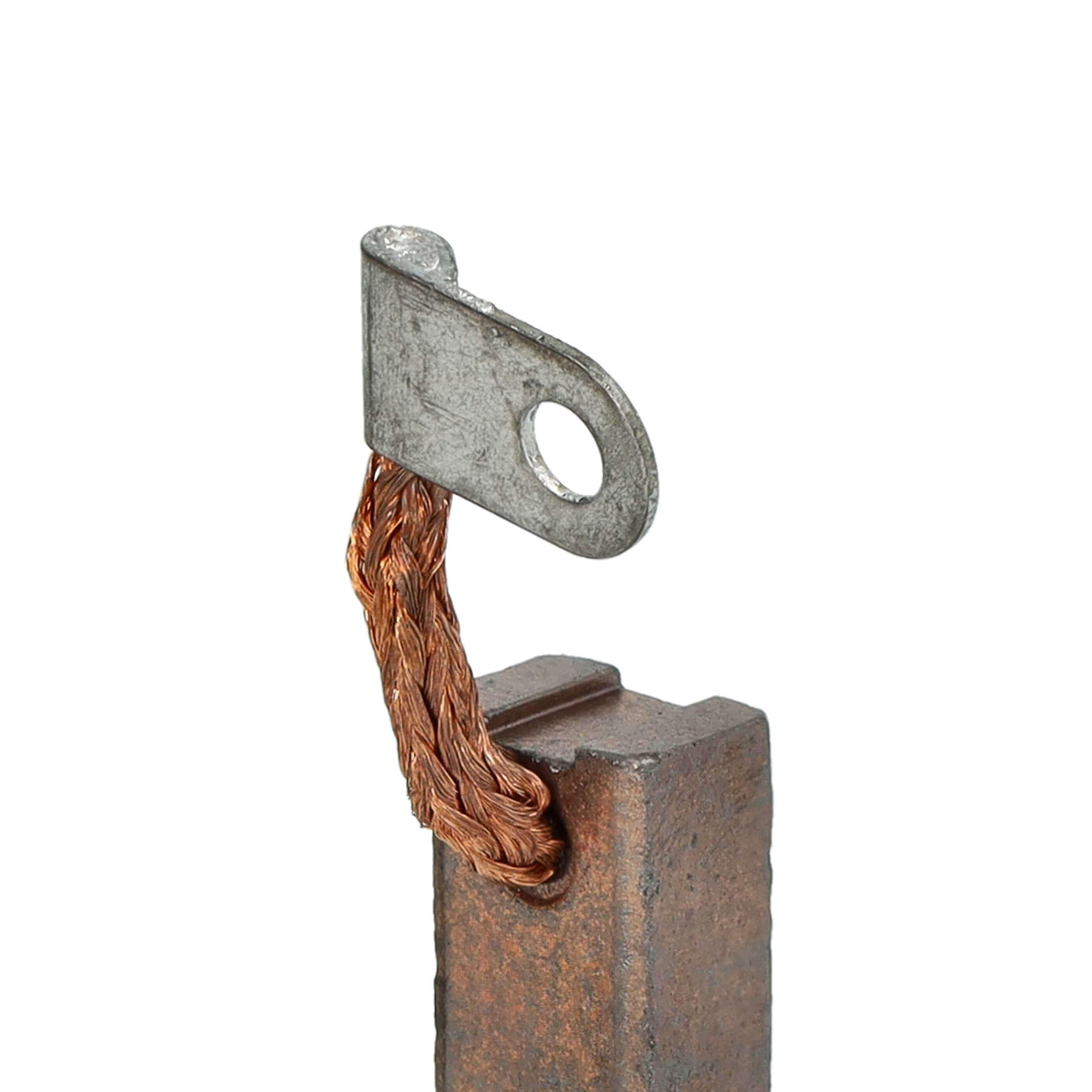 Nahaufnahme einer Metallkomponente mit einem Kupferdrahtbündel, das an einem dunklen Block befestigt ist, vor weißem Hintergrund.