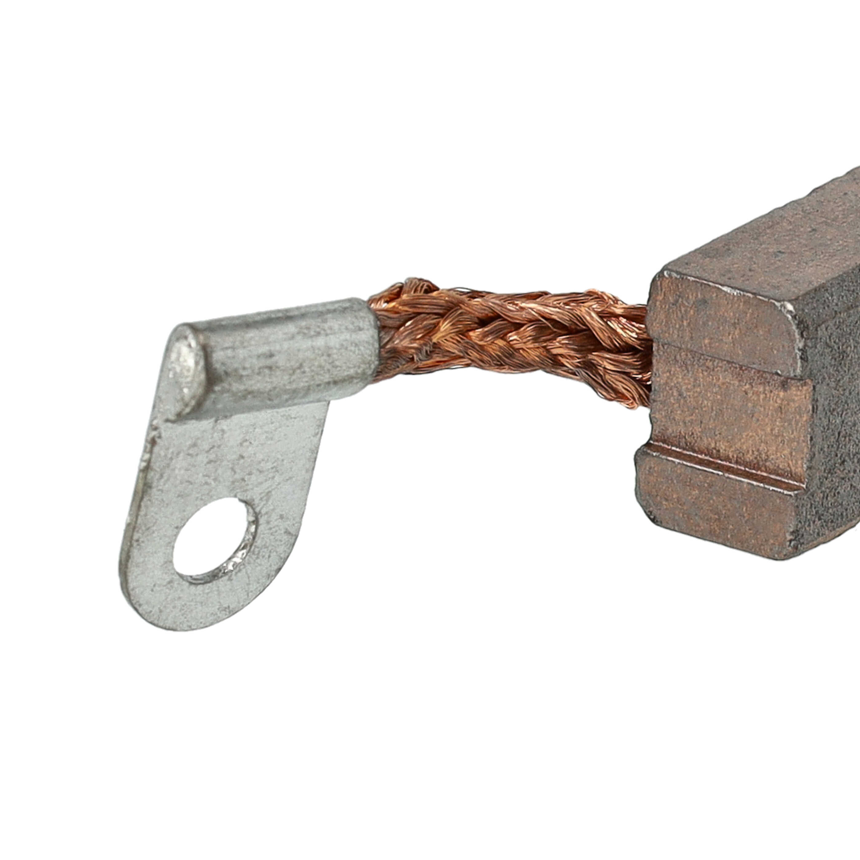 Nahaufnahme einer elektrischen Komponente. Ein Metallverbinder mit Loch verbindet sich mit Kupferdraht und dann mit einem Block.