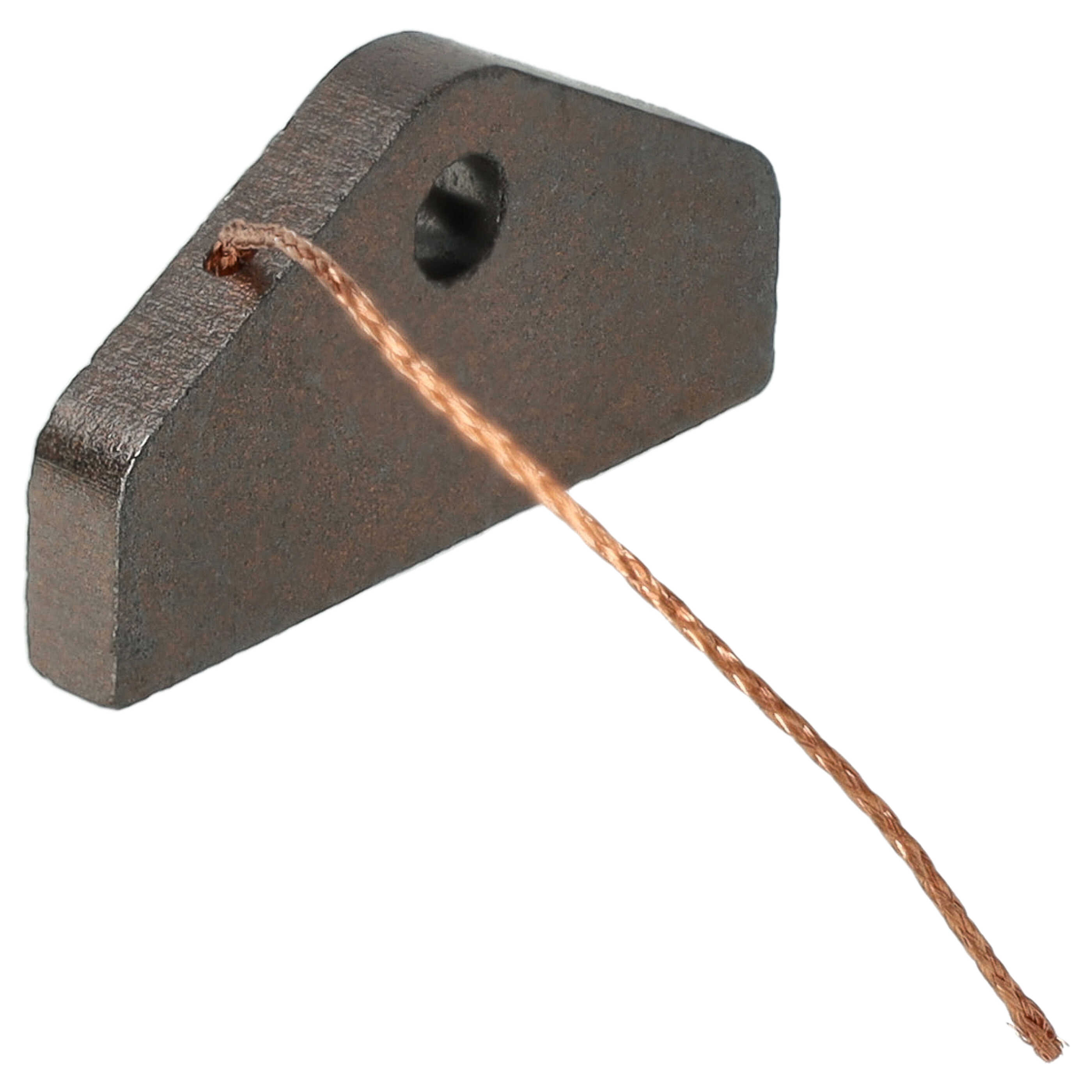 Ein dunkelbraunes Metallteil mit einem Loch und einem kupferfarbenen Draht, der sich davon erstreckt, vor weißem Hintergrund.
