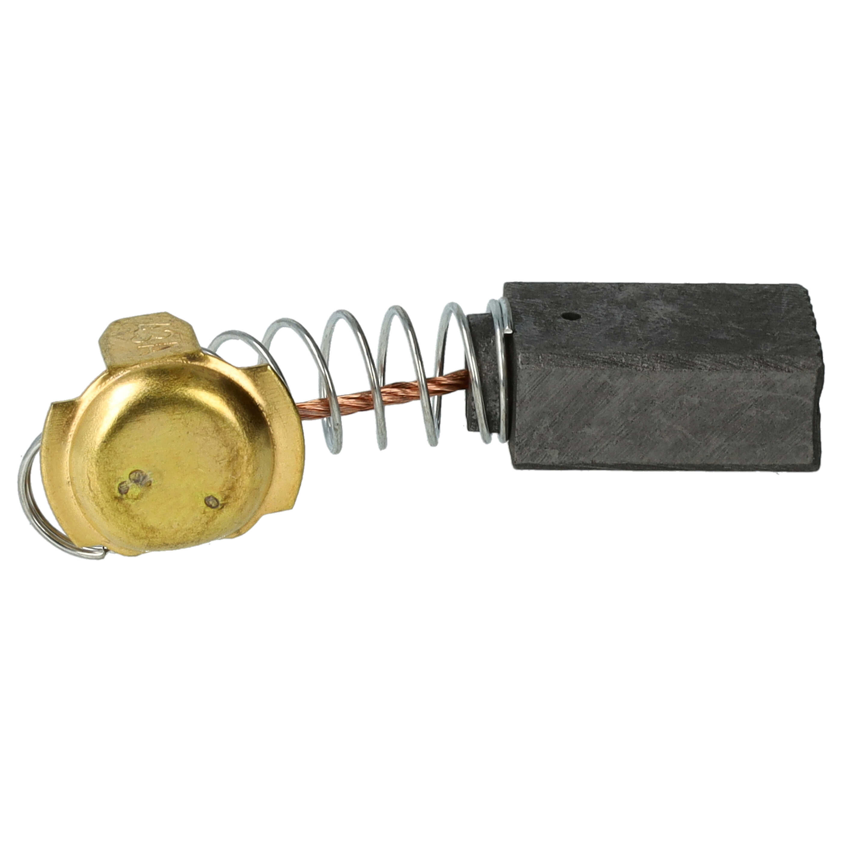 Eine Kohlebürstenbaugruppe mit Messingfitting, Kupferfeder und rechteckigem Kohleblock auf weißem Hintergrund.