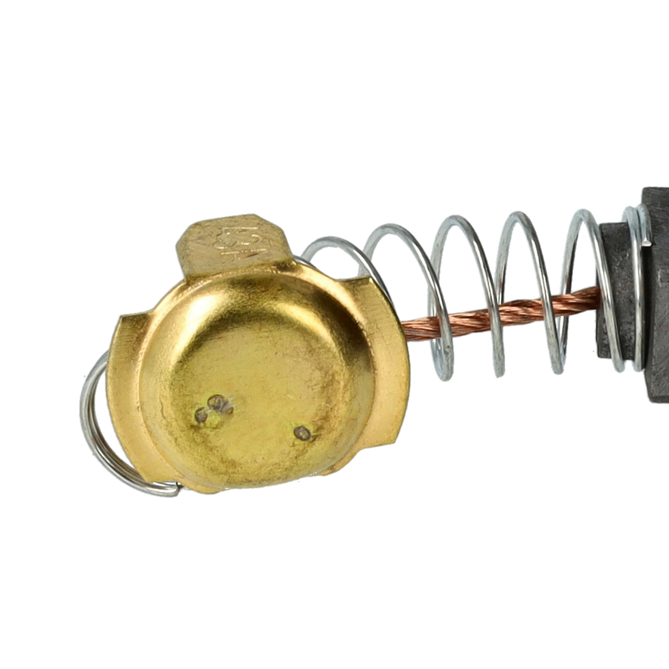 Nahaufnahme einer metallischen elektrischen Komponente. Sie hat ein goldfarbenes Teil, eine silberne Feder und ein dunkelgraues Teil.
