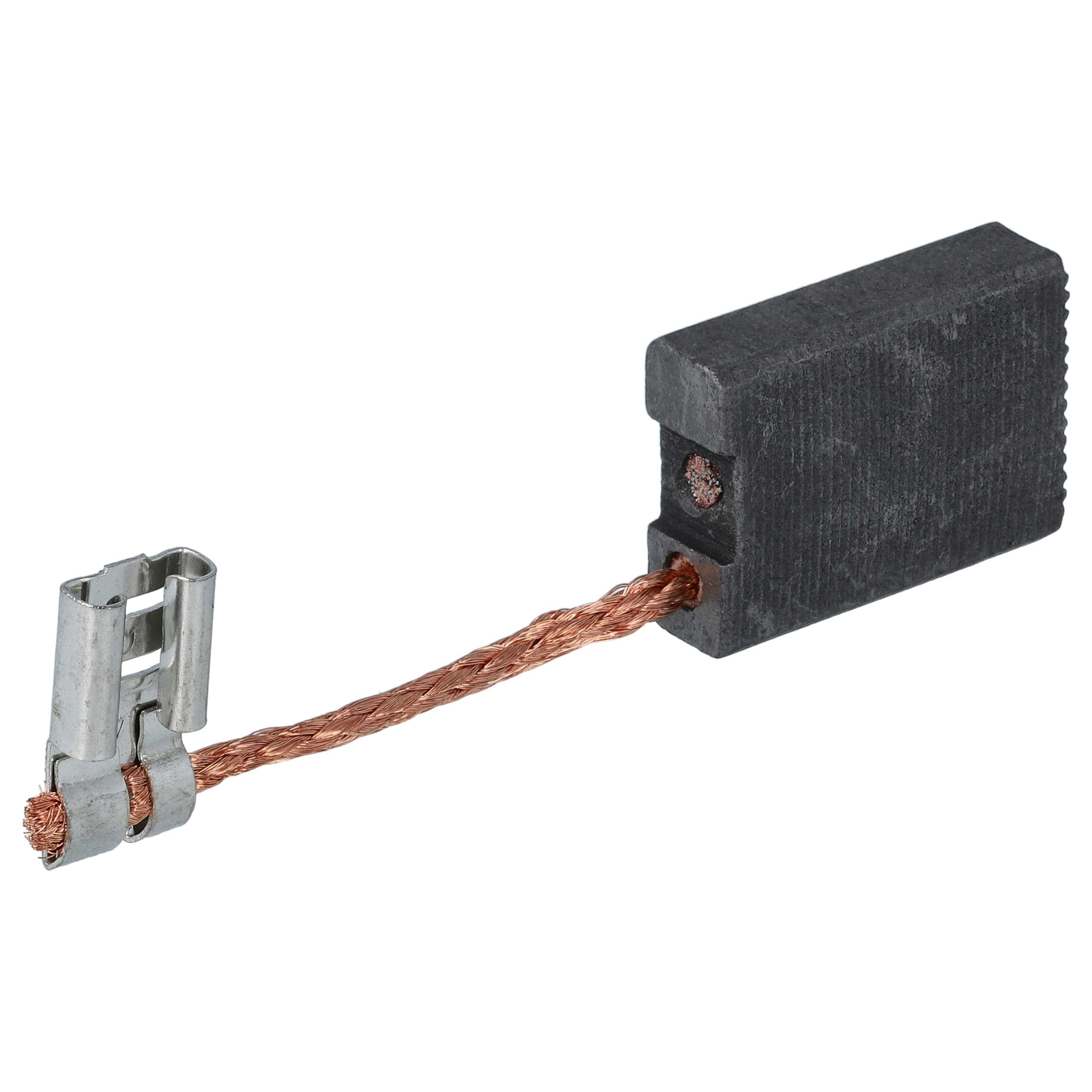 Ein schwarzer Kohlebürstenblock mit Kupferlitze und einem silbernen Metallverbinder auf weißem Grund.