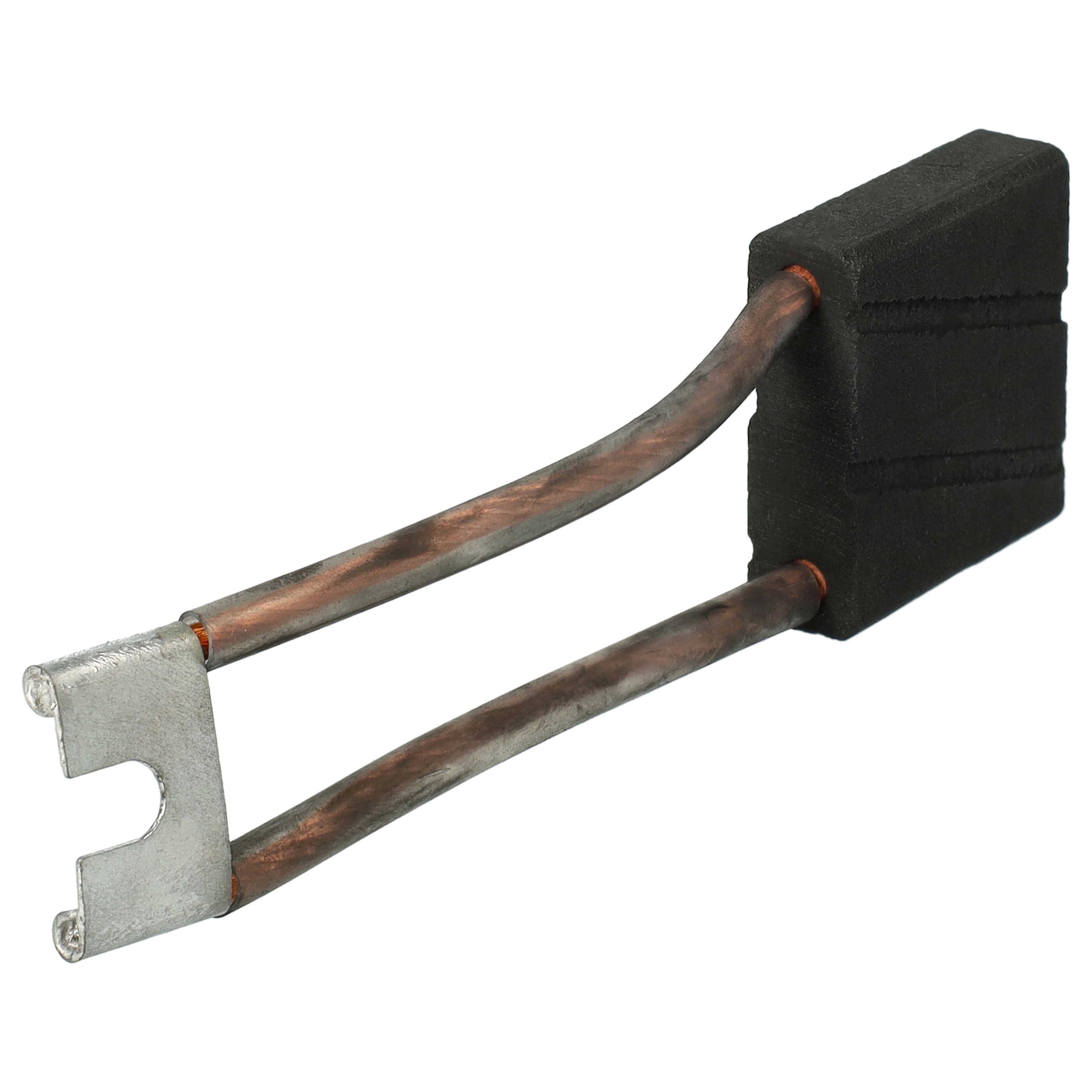 Eine Kohlebürste mit schwarzem Block, Kupferrohren und einem silbernen Metallverbinder.